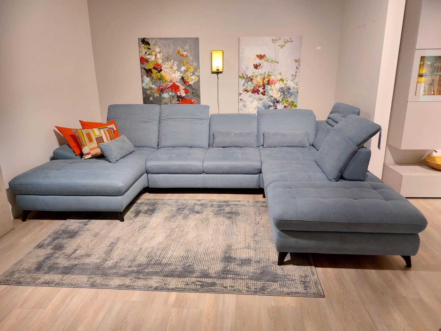 Steinpol - Ecksofa Trento Stoff Miranda Lightblue Blau Metallfuß Schwarz Mit 3 Nierenkissen - 4