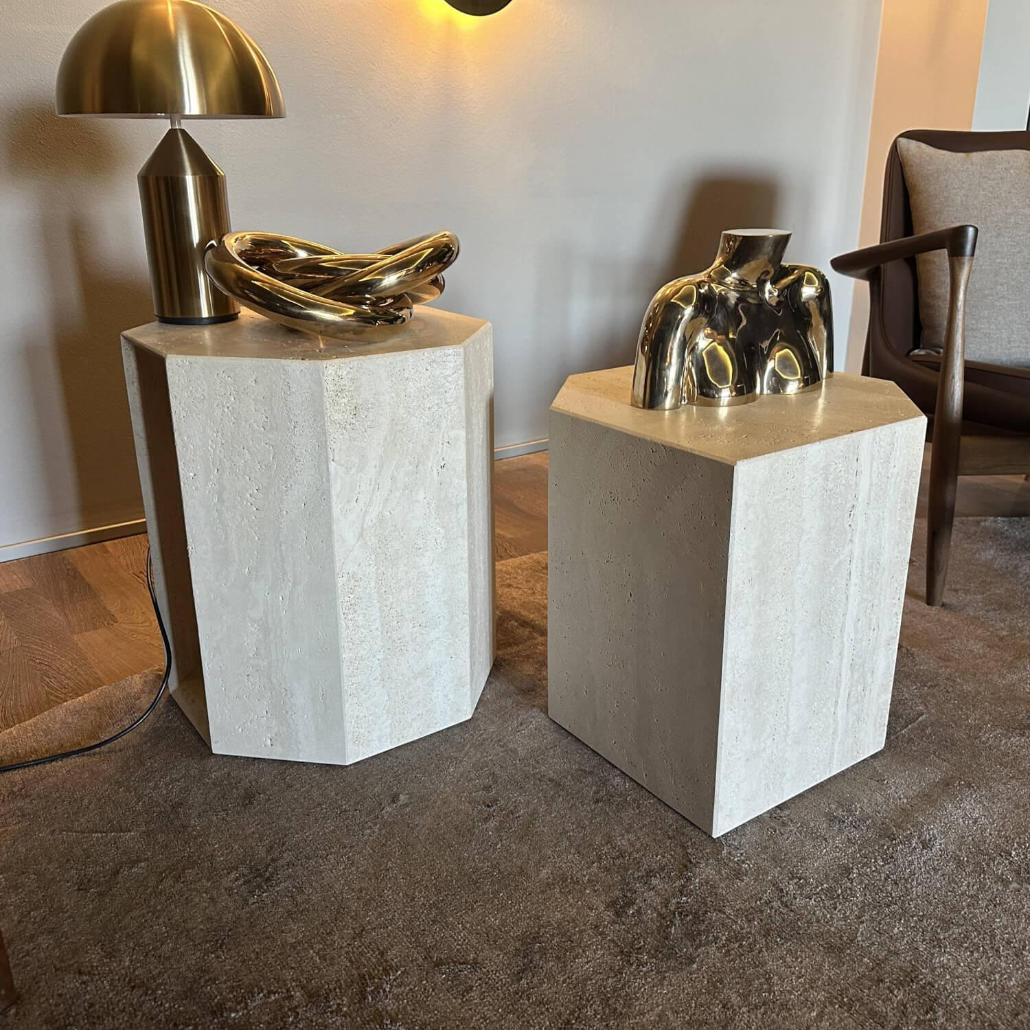 Galotti & Radice - 2er Set Beistelltisch Prism Stein Travertino Romano Natur Gebürstet - 3