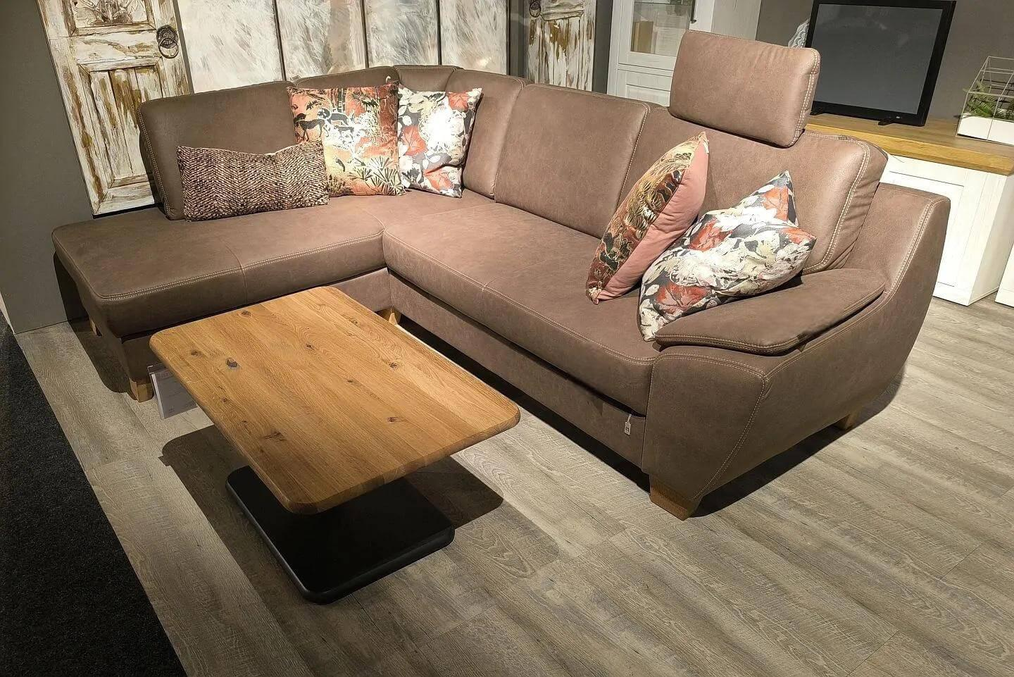 Ponsel - Ecksofa Livingston Stoff 0877 19 Braun Fuß Eiche Geölt Inklusive Kissen - 2