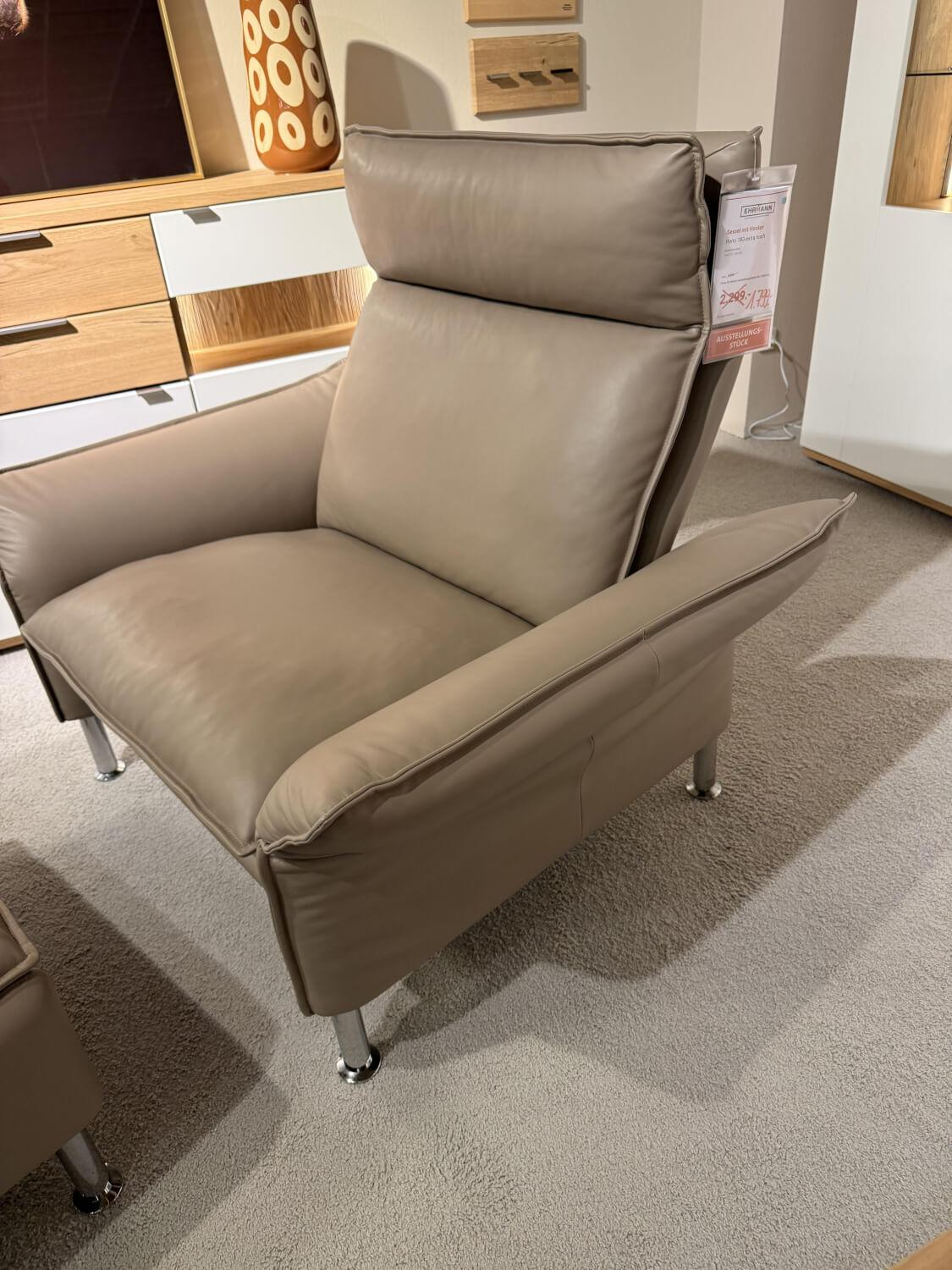 Erpo - Sessel Porto 183 Extra Hoch Leder Stone Braun Füße Hochglanz Inkl. Hocker - 4