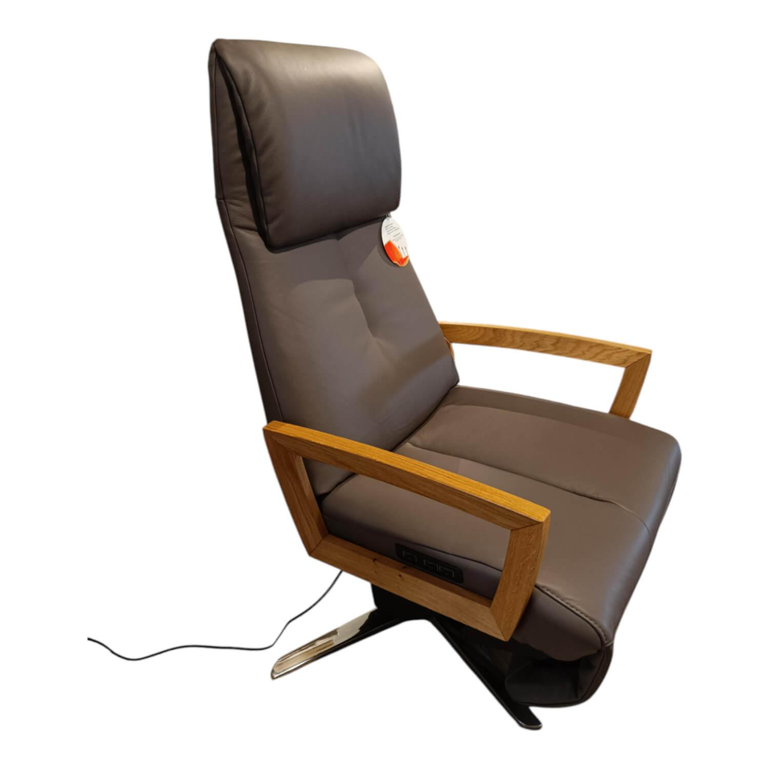 WK Wohnen - Relaxsessel WK 616 Carlos Leder Longlife E Soft Schlamm Braun Armelehnen Eiche Geölt 4 Sternfuß Metall Chrom Thermo Vital Infrarot Sitz Und Rückenheizung - 1