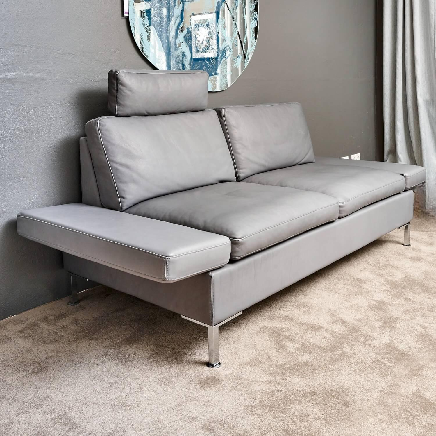 Brühl - Sofa Alba System M Leder 5707 Pearl 0095 Grau Winkelfuß Verchromt Mit Kopfstütze - 11