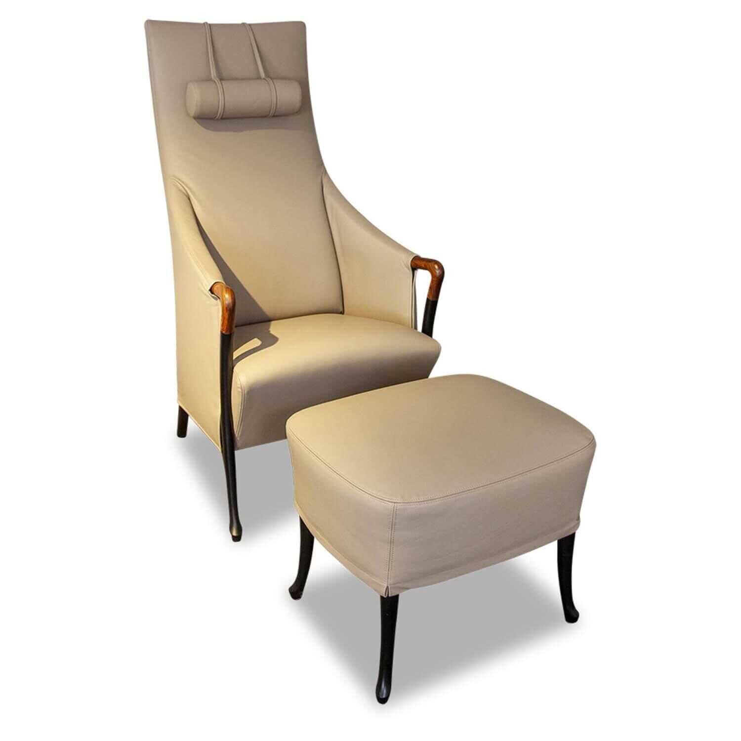 Giorgetti - Sessel Bergere 63240 Leder 9162 Taupe 2613 Creme mit Kopfstütze mit Hocker Progetti 63350 - 1