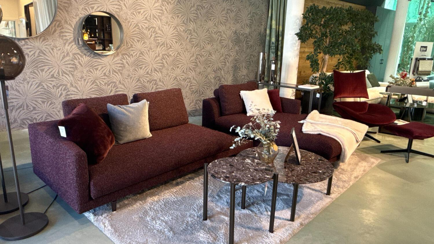 Bielefelder Werkstätten - Sofa Long Island Stoff Cooper BW 1779 111 Rot Fuß Eiche Wengefarbig Gebeizt Schwarz Inklusive Tisch Terrazzo Levanto Und Kissen - 4