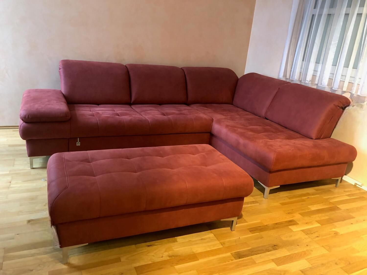 Dietsch - Ecksofa Family Relax 3 Stoff Deluxe Ziegel Rot Füße Metall Mit Bettauszug Inklusive Hocker - 5