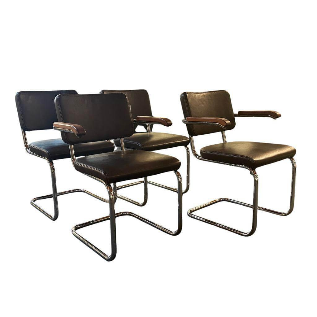 Thonet - 4er-Set Polsterstuhl S32/ 64PV 2x Mit Armlehne, 2x Ohne Armlehne Nappaleder 3 Dunkelbraun Armauflage Nussbaum Geölt Gestell Chrom - 1