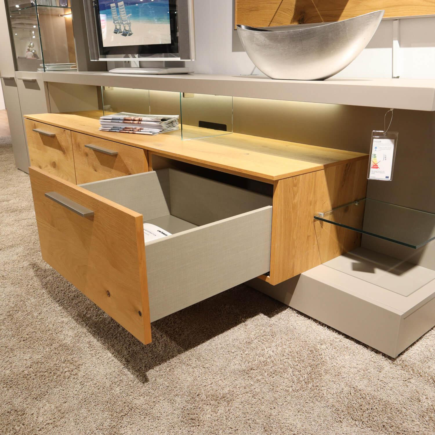 Gwinner - Wohnwand Braviso Lack Seidenmatt Fango Akzente Balkeneiche Honig Griff Edelstahlfarben - 7