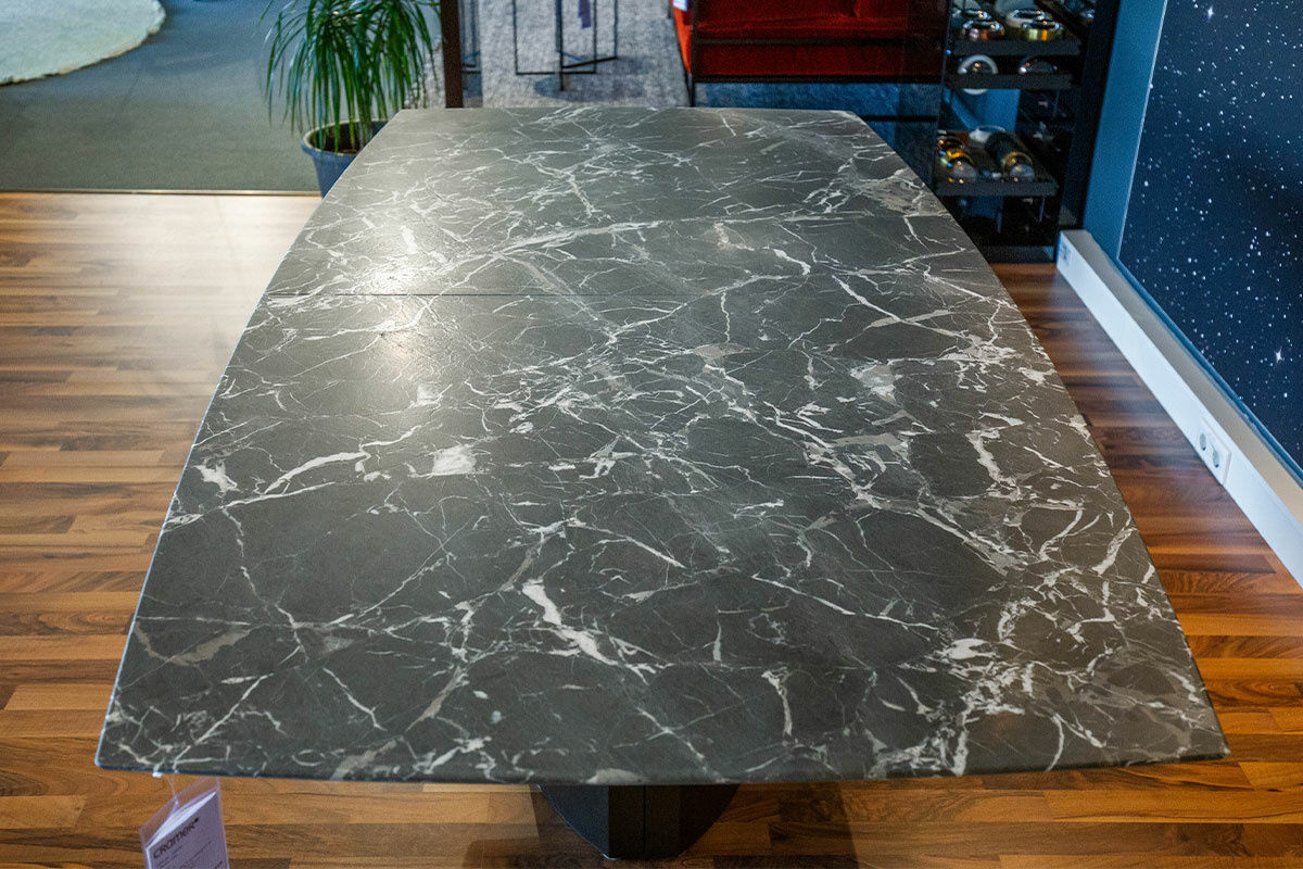 Draenert - Esstisch Adler Platte Stein Valentine Grey Grau Geledert Sockel Metall Dunkelbronze Mit Auszug - 4