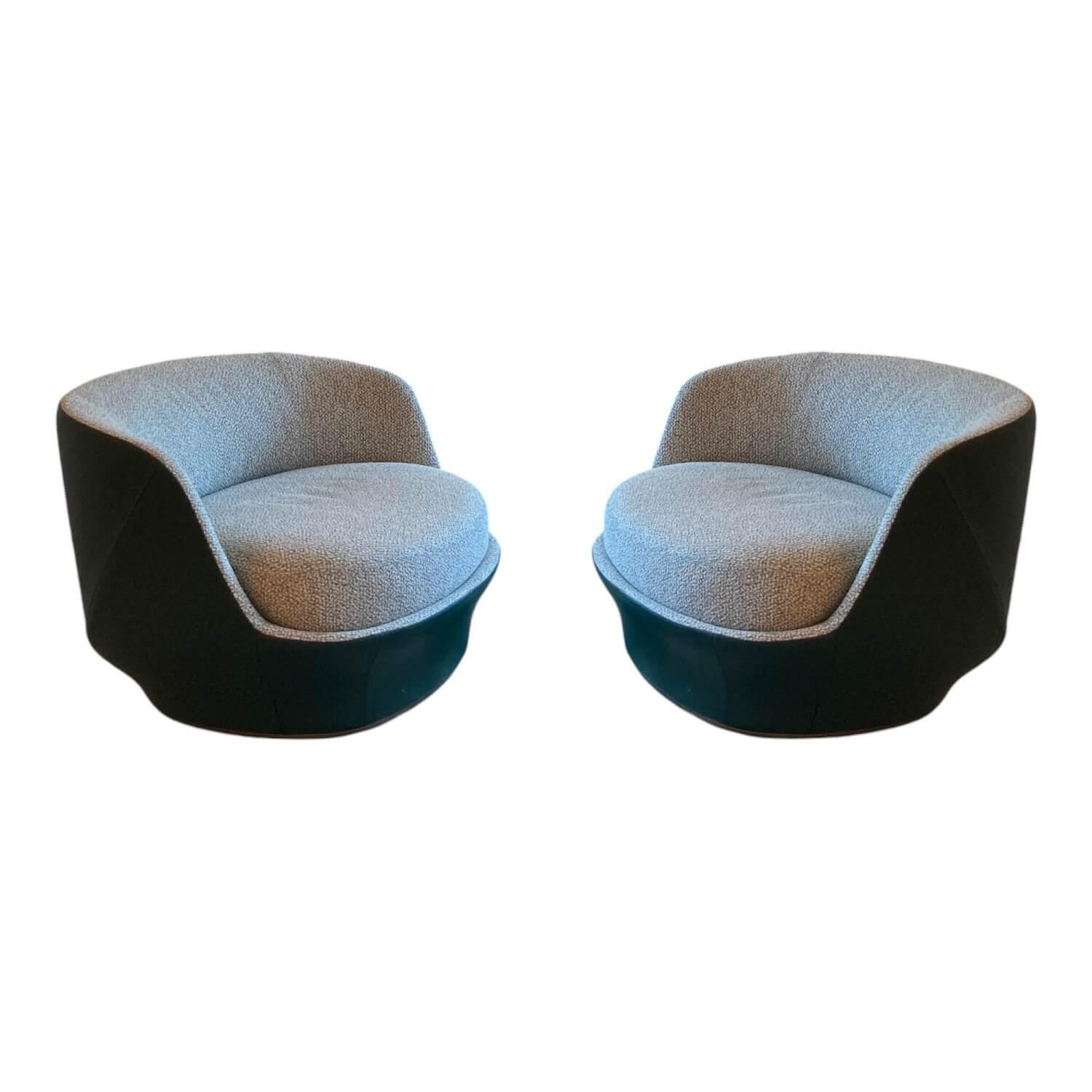 Giorgetti - Sessel 2er Set All Around Innen Stoff Cruise Melange Lagune Beige Grün Außen Leder Ottanio 9149 Grün Drehfuß Metall Bronze Lackiert - 1