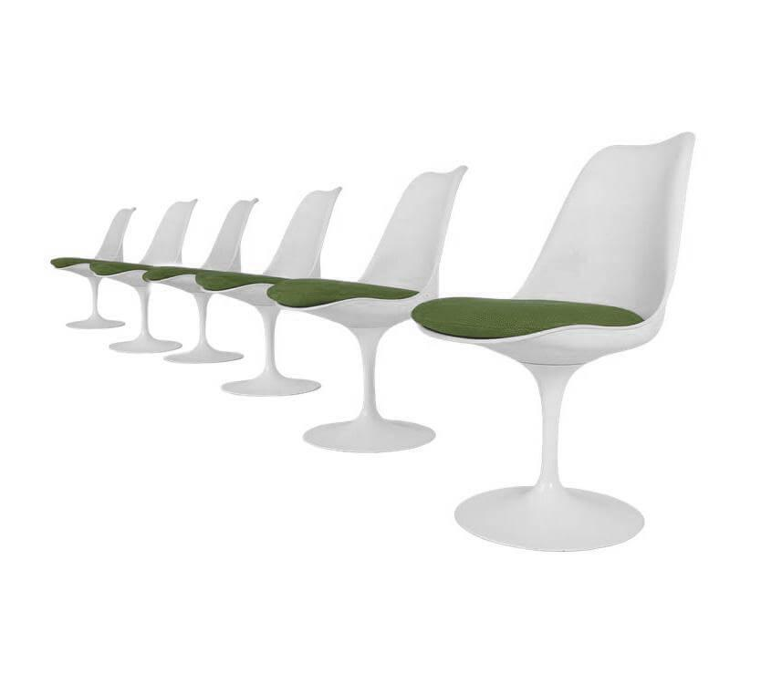 Knoll International - 6er-Set Tulip Armless Auflage Stoff Col.1401 Olive Grün Gestell Weiß Drehbar - 1