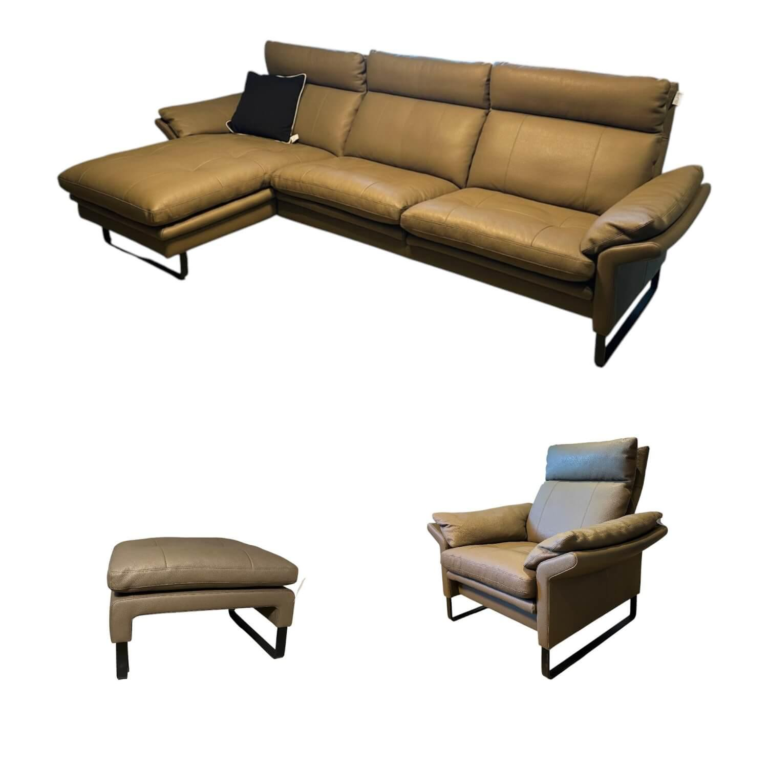 Erpo - Ecksofa Lucca Leder Loden 43 164 Braun Metallkufe Schwarz Inklusive Sessel Und Hocker - 1