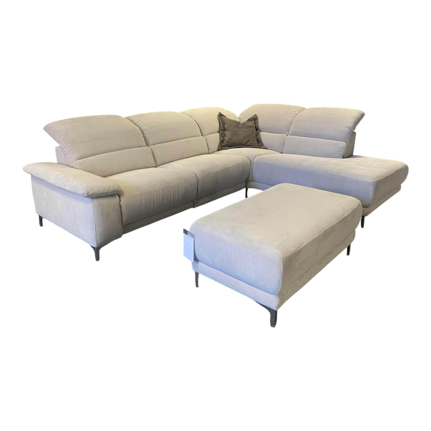 Carina - Ecksofa Modell 1220 Stoff Feincord Silber Grau PG2 Füße Chrom mit Hocker - 1