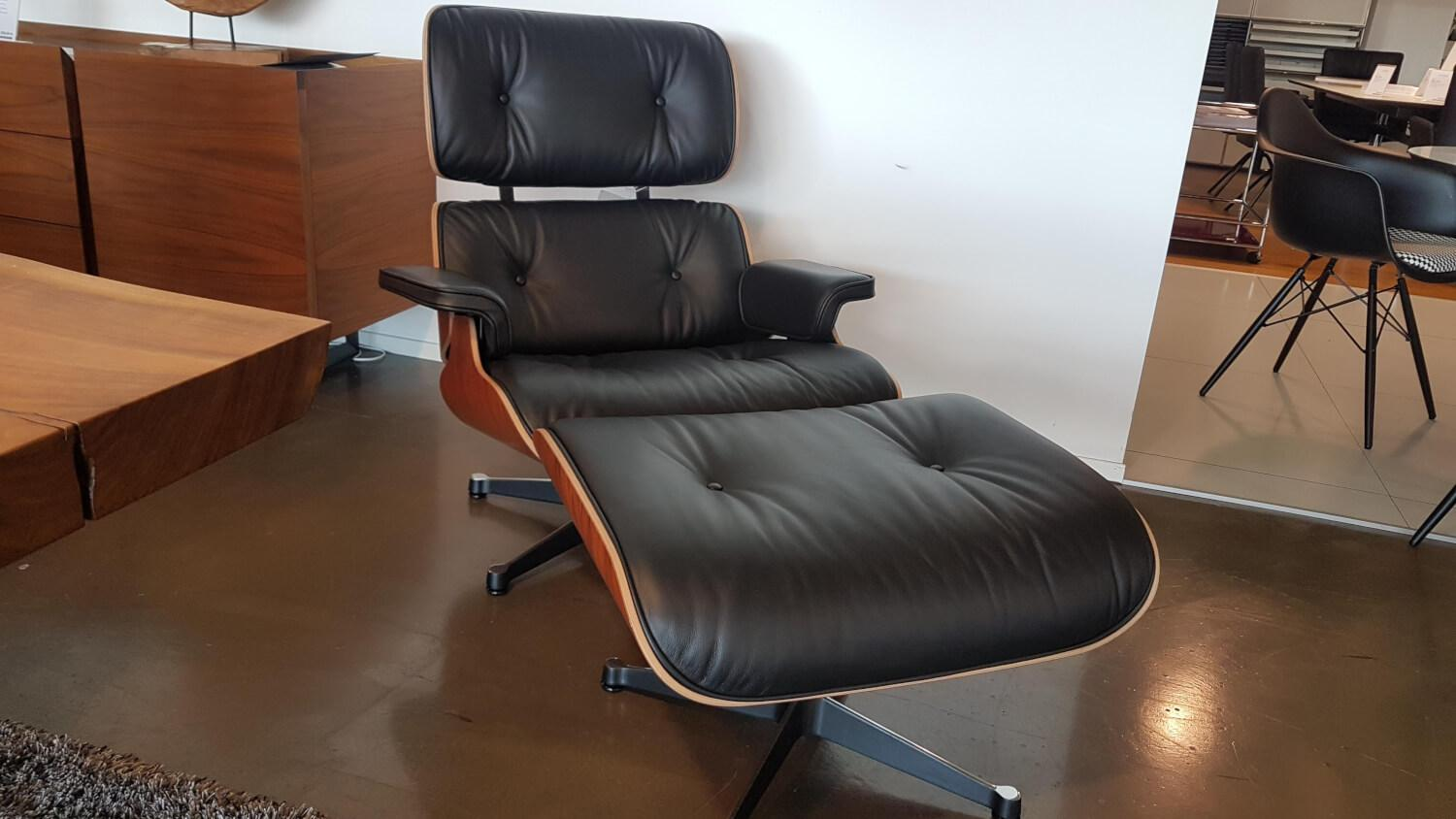 Sessel Lounge Chair Leder Premium Schwarz Holz Palisander Mit Ottoman