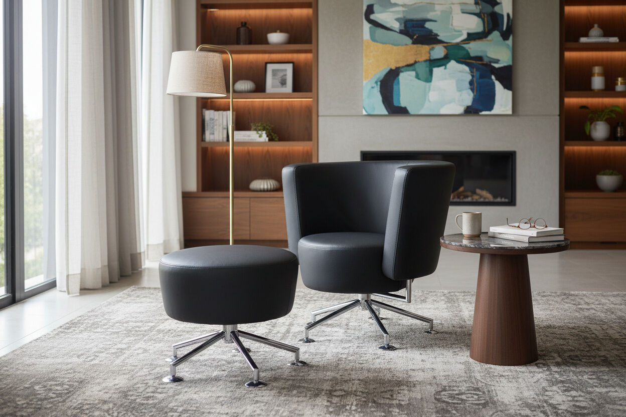 COR - Sessel Circo Leder Napoli Schwarz Gestell Chrom mit Hocker - 2