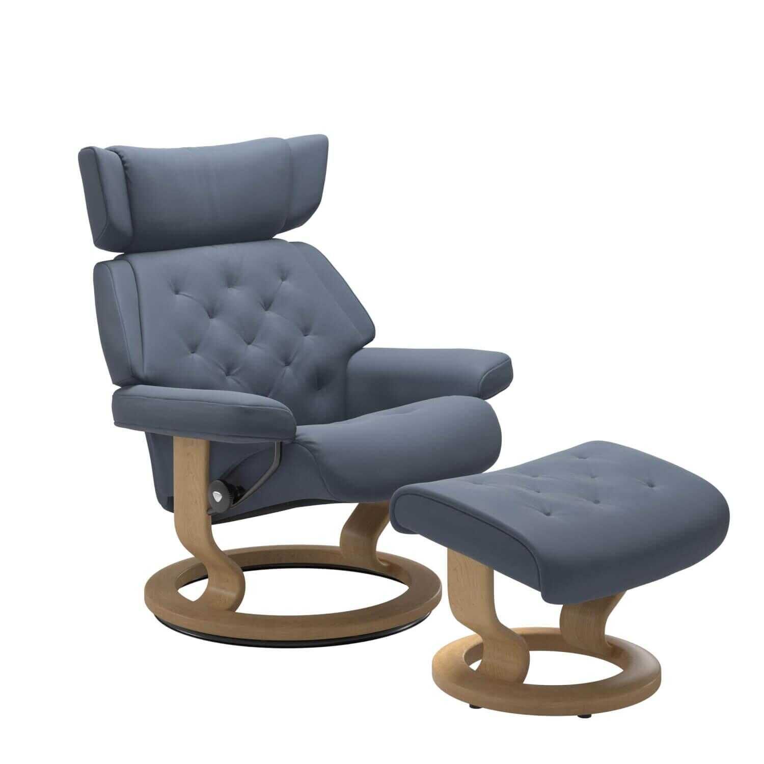 Stressless - Sessel Skyline L Leder Paloma Blau Gestell Classic mit Hocker - 1