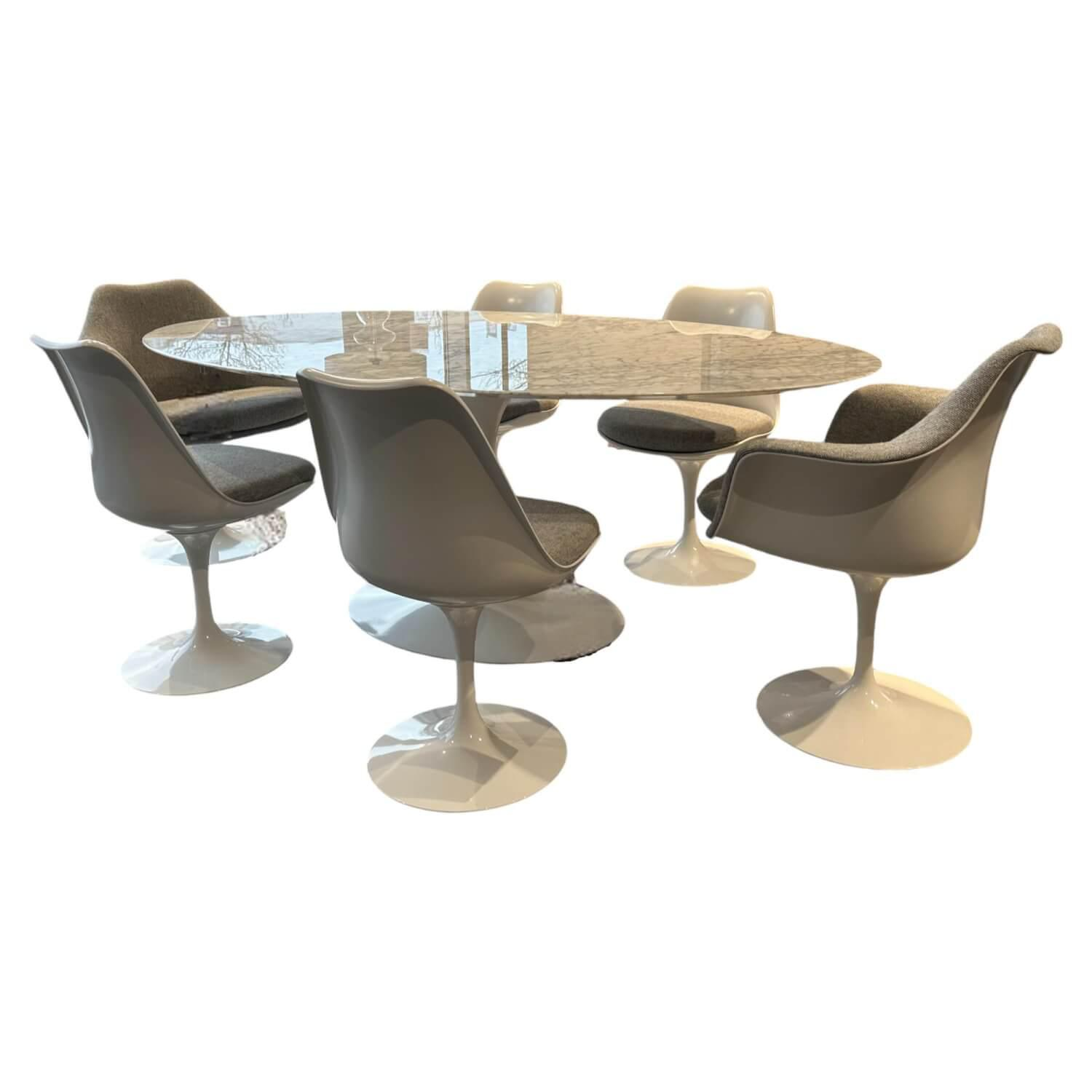 Knoll International - 6er Set Stühle Tulip Saarinen Innenschale Stoff Hallingdal White Grey 116H Weiß Grau Schale Und Gestell Weiß Drehbar Ohne Tisch - 1