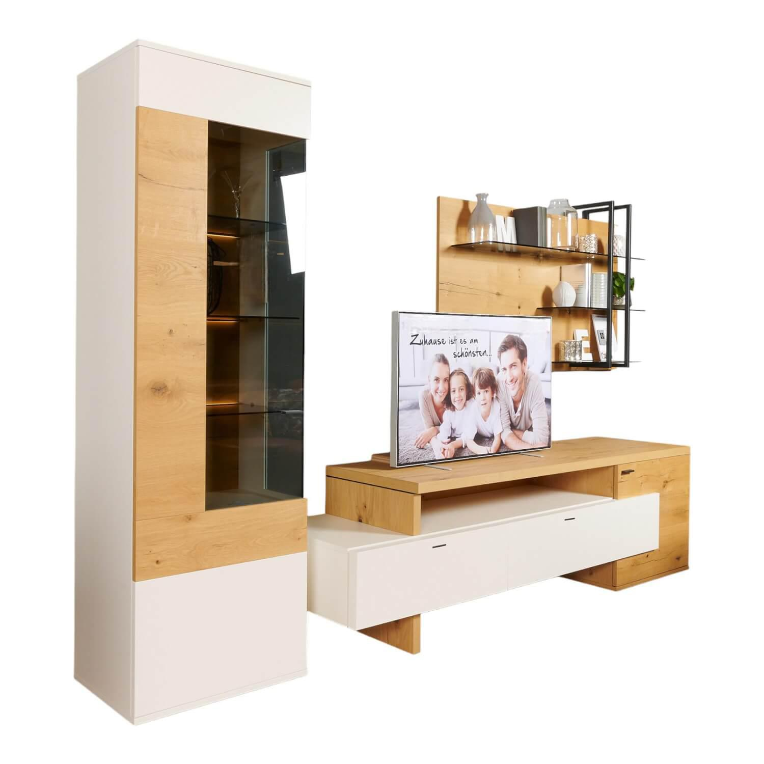 Gwinner - Wohnwand 2104 Balkeneiche Natur Furniert Lack Weiß Seidenmatt Griff Anthrazit Matt Grau Inklusive Beleuchtung - 1