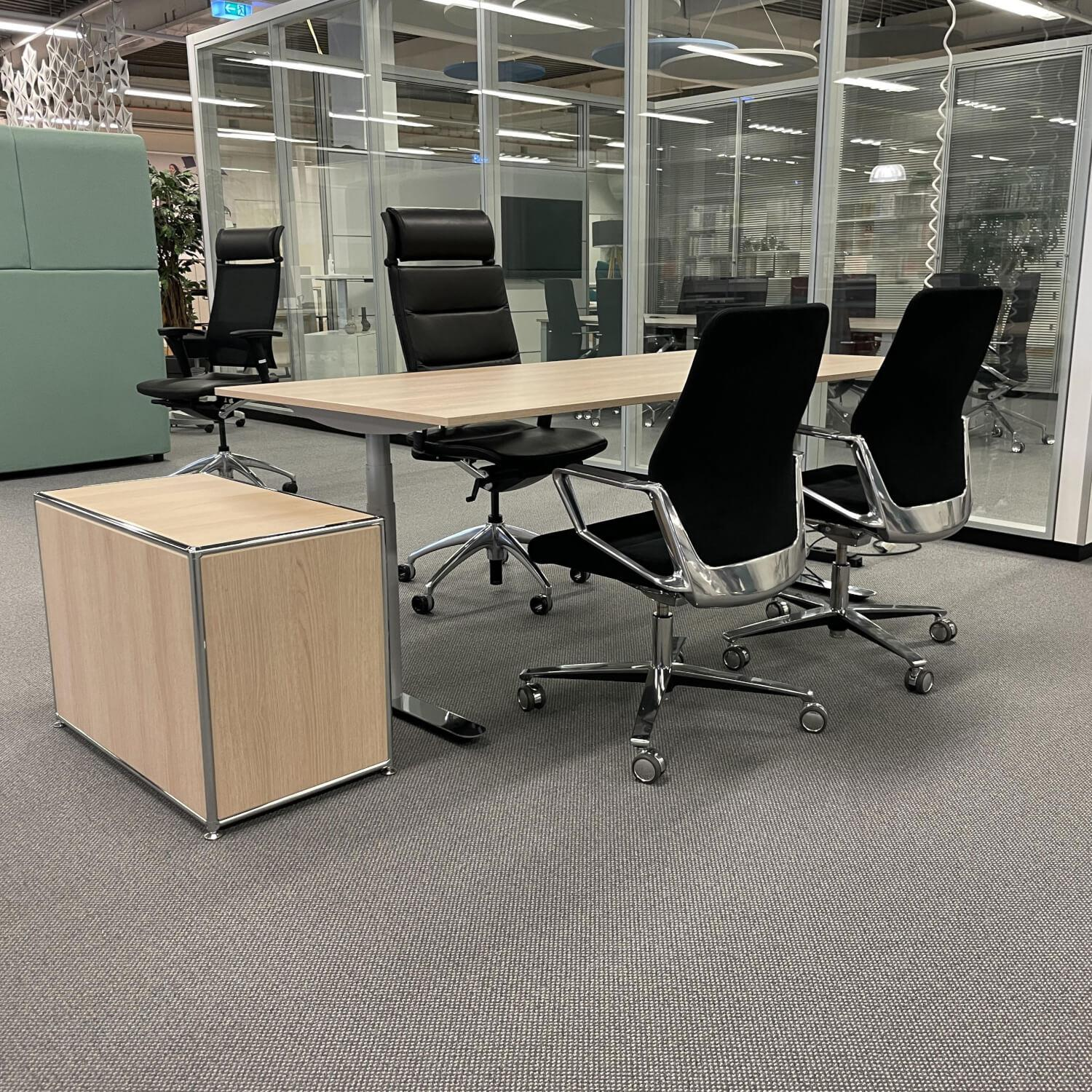 Schreibtisch M2-Desk Platte Eiche Dekor Gestell Chrom Höhenverstellbar Mit Standcontainer