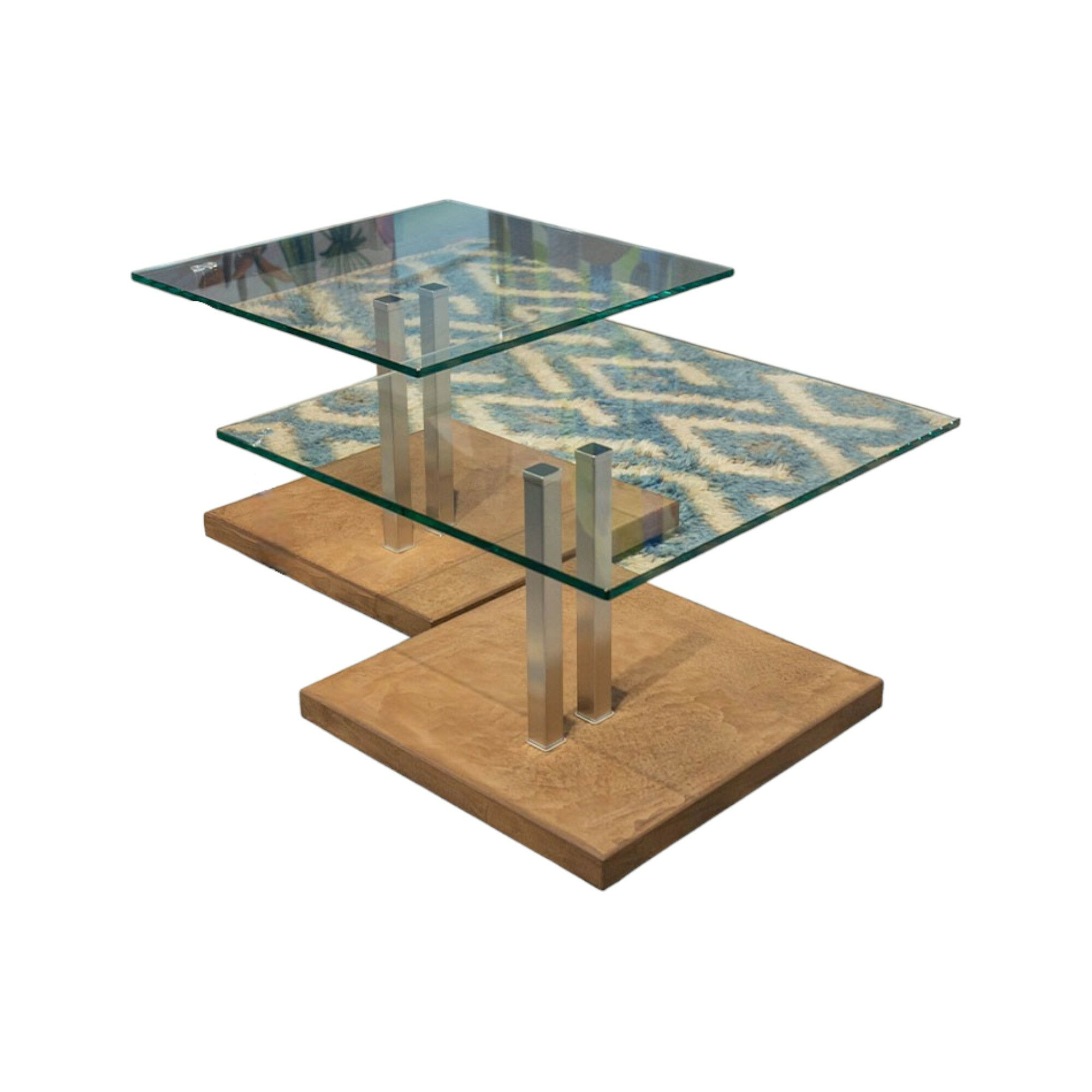 Ronald Schmitt Design - 2-Satz Couchtisch Doppio Tischplatte Glas Gestell Edelstahl Geschliffen Bodenplatte Edelstahl Betonoptik Rostfarben - 1