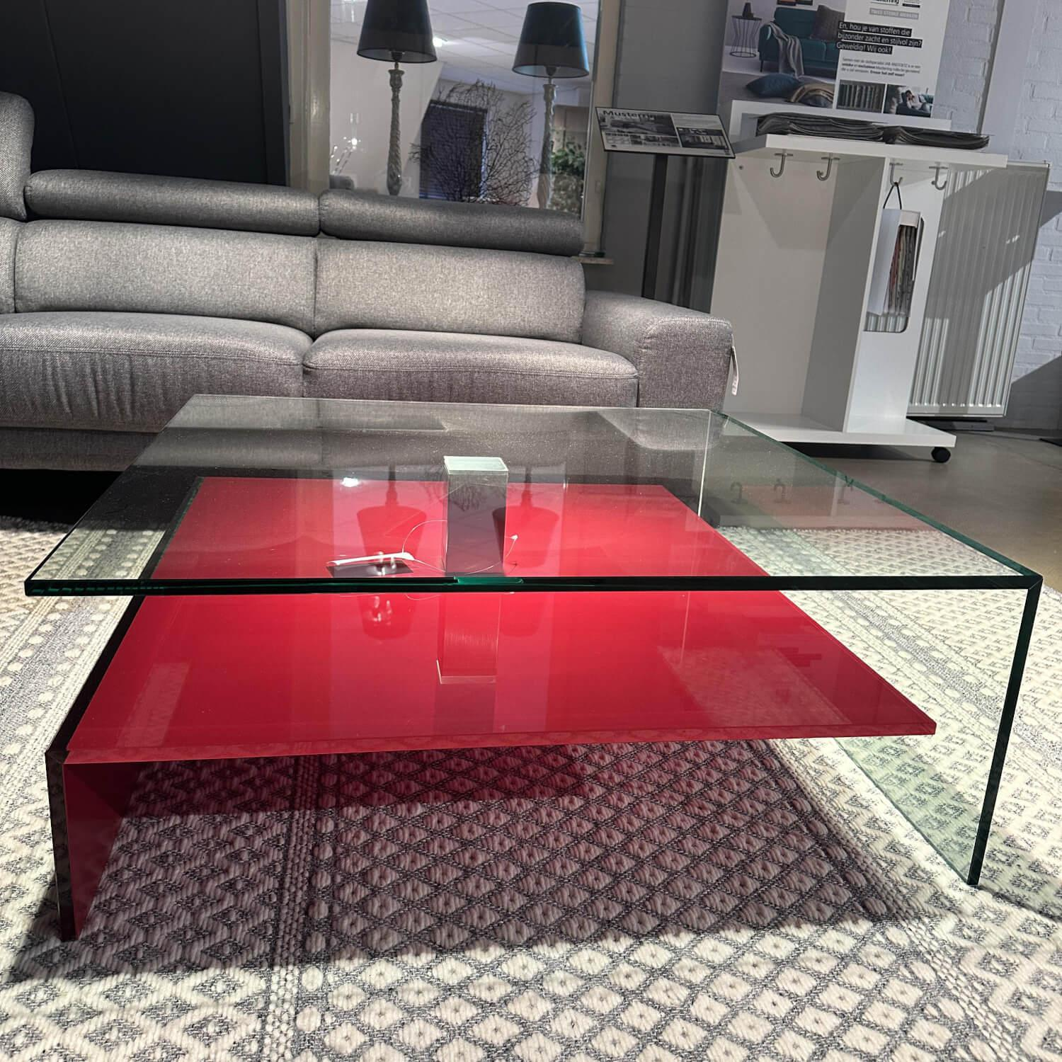Dreieck - Couchtisch Nuo Platte Glas Untergestell Glas Rubinrot Lackiert Mittelsäule Edelstahl Gebürstet - 4