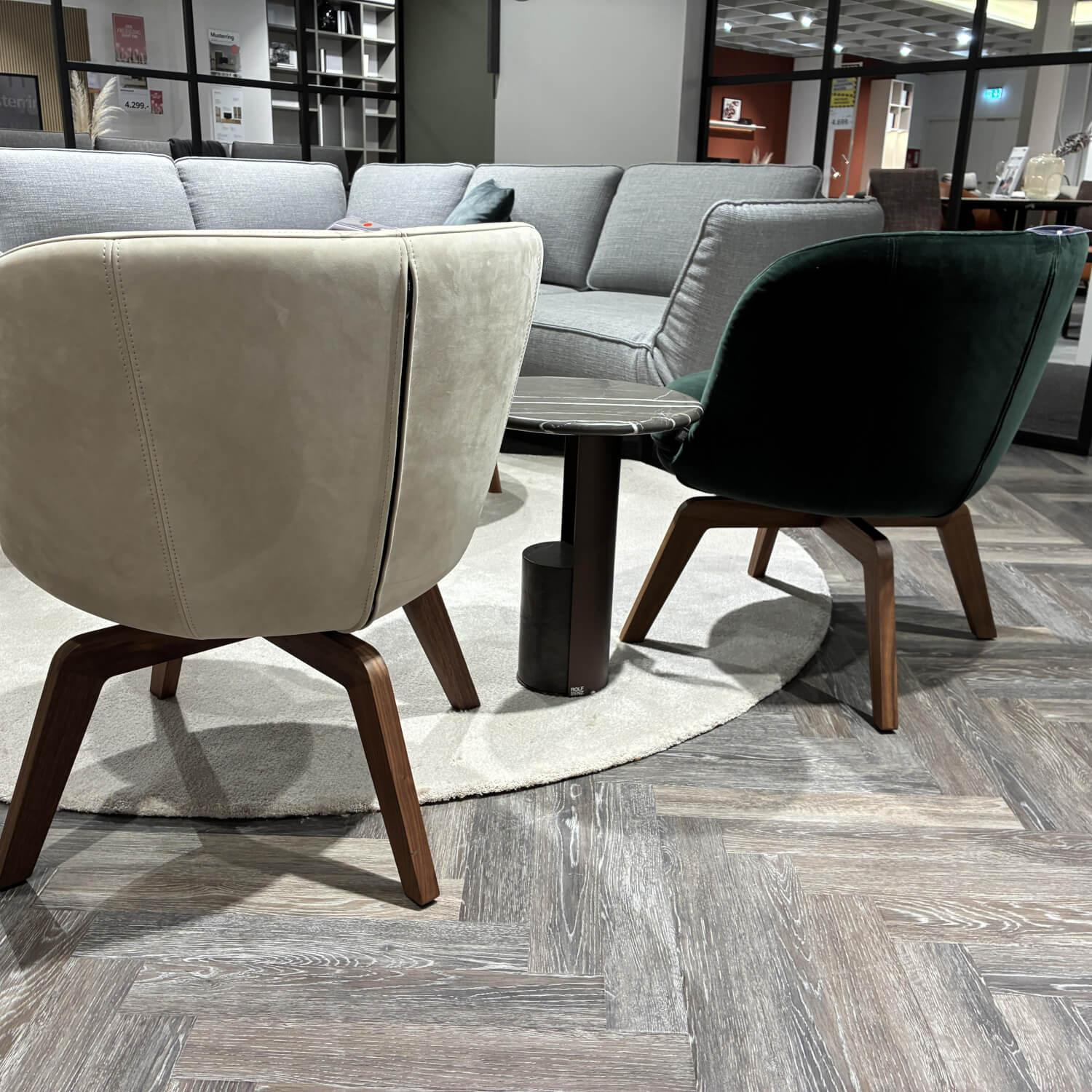 Rolf Benz - 2er-Set Clubsessel 562 CL-SE Inkl. Beistelltisch Leder Hellelfenbein Beige Und Stoff Tannengrün Gestell Amerikanischer Nussbaum Massiv Lackiert Mit Drehfunktion Beistelltisch 972-102 Naturstein Graphit Brown Braun - 5