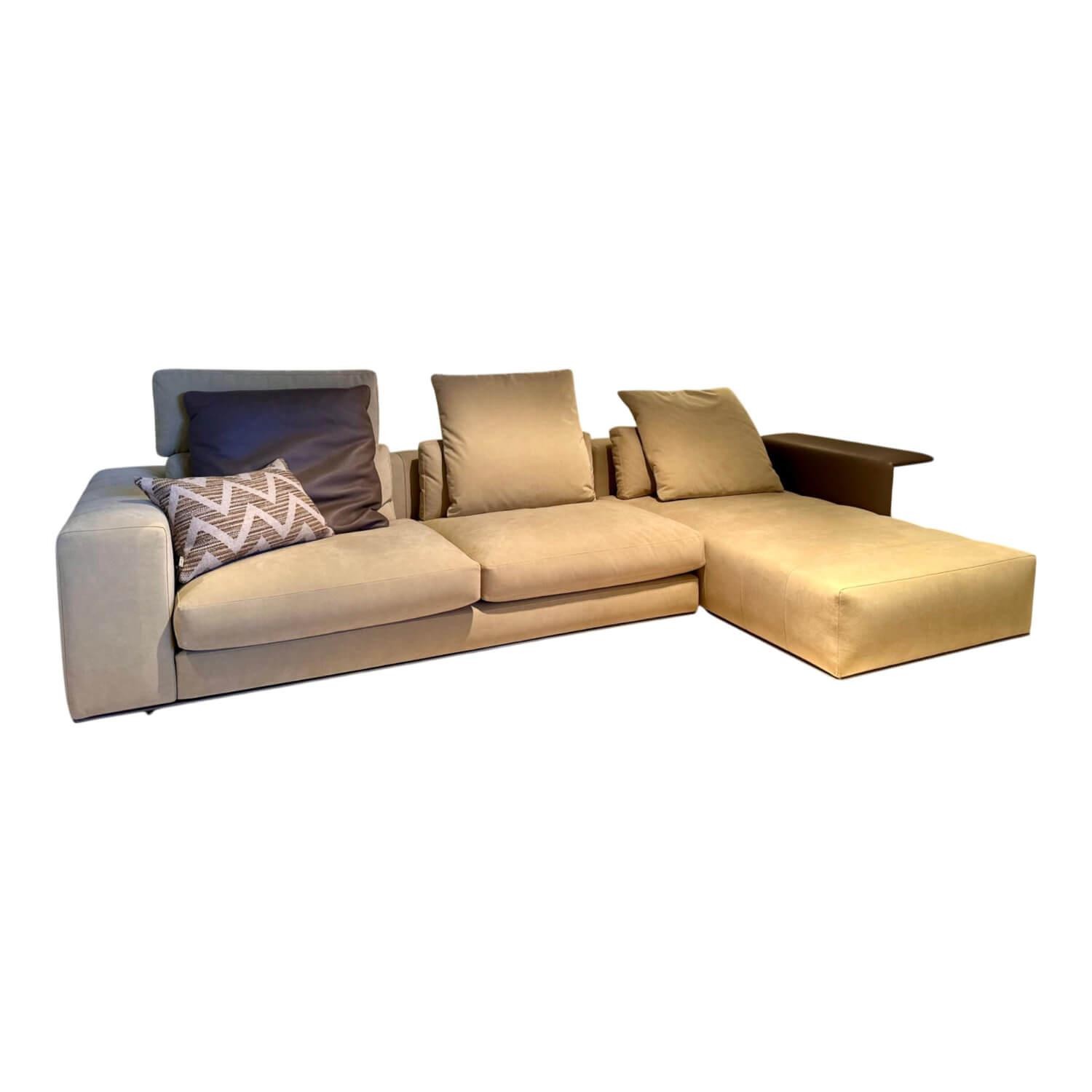 Minotti - Ecksofa Freeman Stoff Alcantara Beige Ablage Leder Aspen Kaki Fuß Bronze - 1
