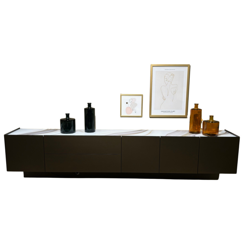 Spectral Smart Furniture - Lowboard Side Korpus BG Black Schwarz Lackiert Front Und Seiten Satiniertem Glas RO Roast Braun Deckenplatte Designglas DG107 Marmor Latte Braun Grau Weiß - 1