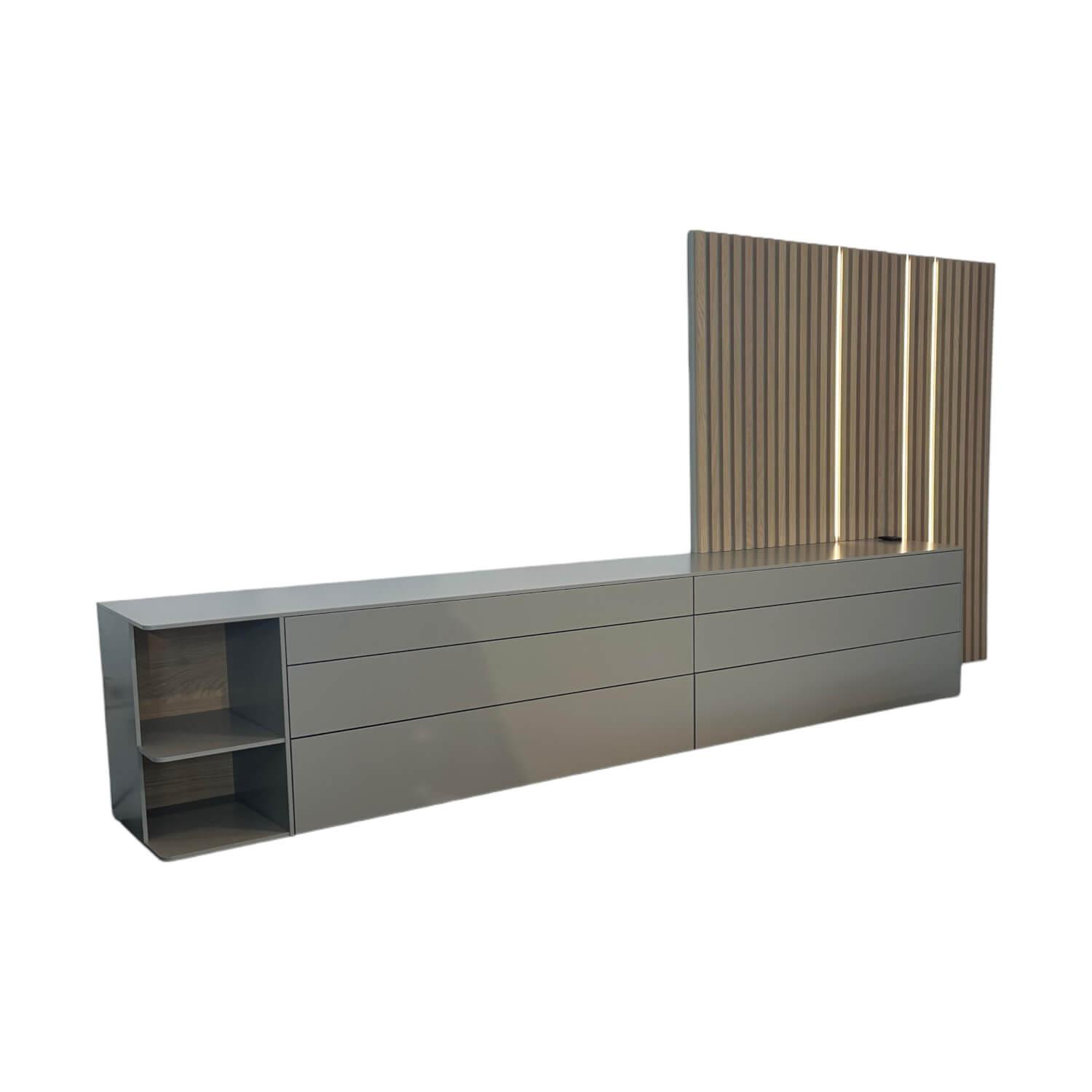 Sudbrock - Wohnwand Goya Lack 405 Muschelgrau Lamellenpaneel Eiche Milk Inklusive Beleuchtung Mit Fernbedienung - 1