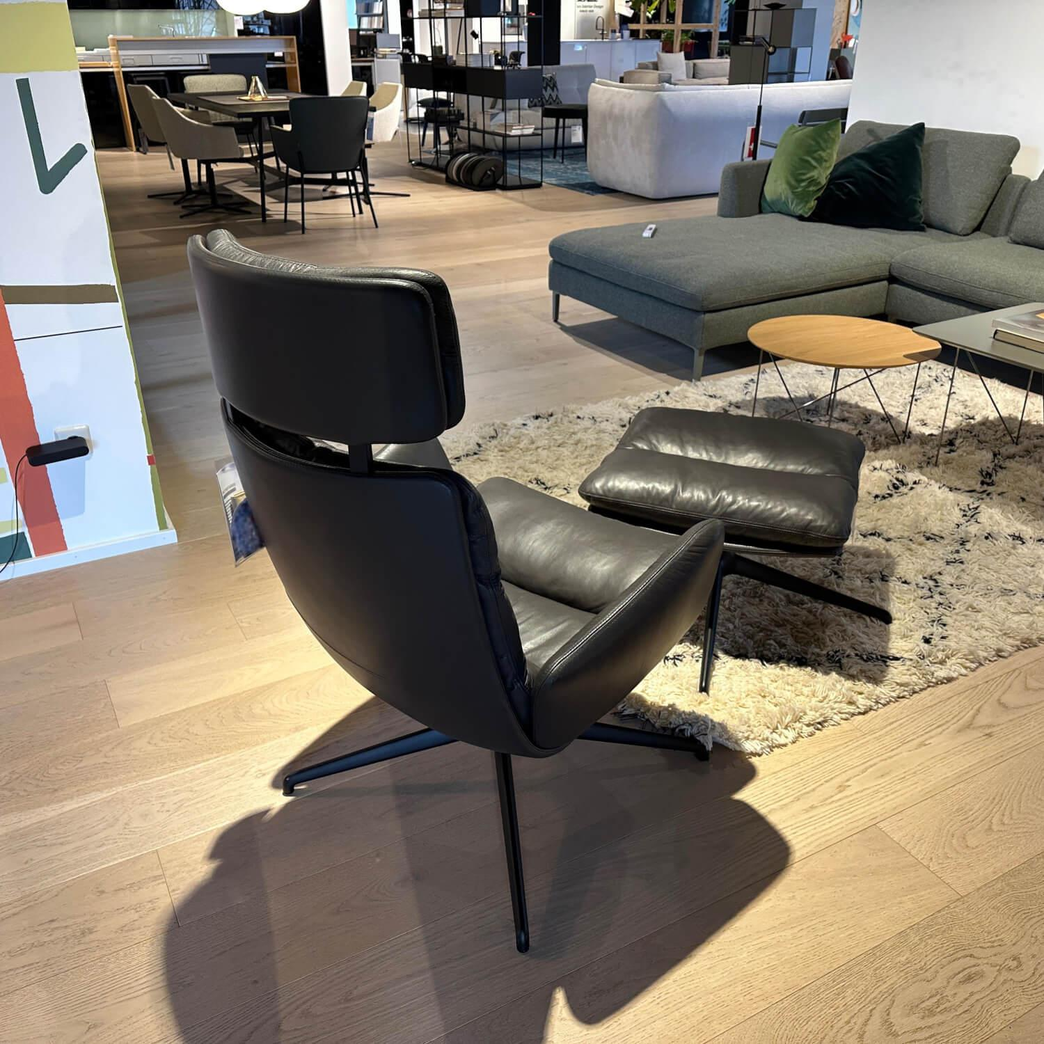 KFF - Sessel Arva Lounge Leder Sauvage 8102 Anthrazit Drehgestell Metall Schwarz Inklusive Hocker Und Kopfstütze - 3