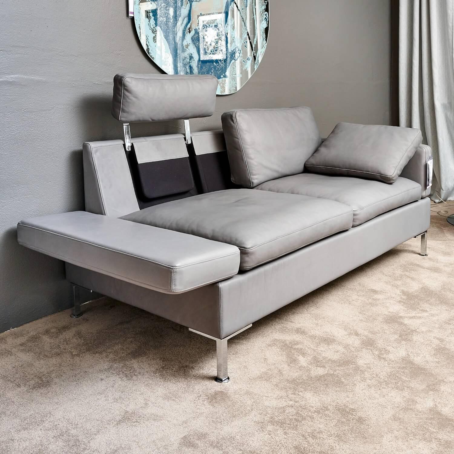 Brühl - Sofa Alba System M Leder 5707 Pearl 0095 Grau Winkelfuß Verchromt Mit Kopfstütze - 2