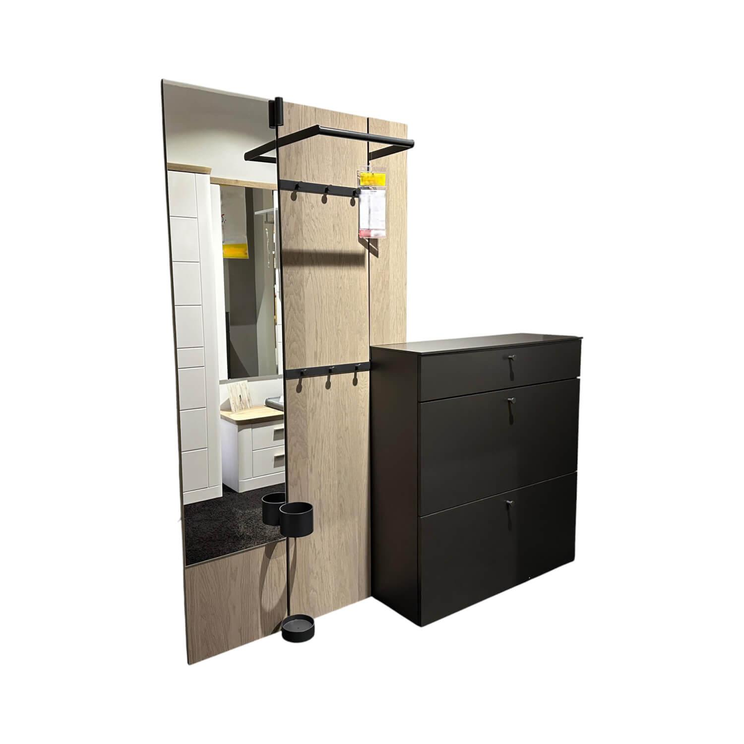 Sudbrock - Garderobenkombination Sina Melamin Und Glattlack Cosmos Schwarz Eiche Sahara Mit Beleuchtung - 1