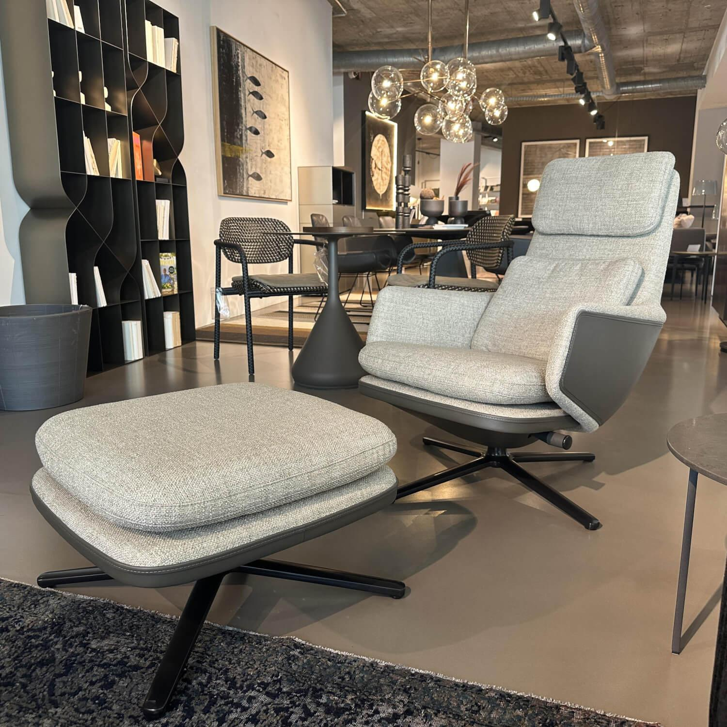 Vitra - Sessel Grand Relax Schale Leder Forte Decor Umbra Grau Innen Stoff Corsaro Bambus Melange Grau Mit Hocker - 7