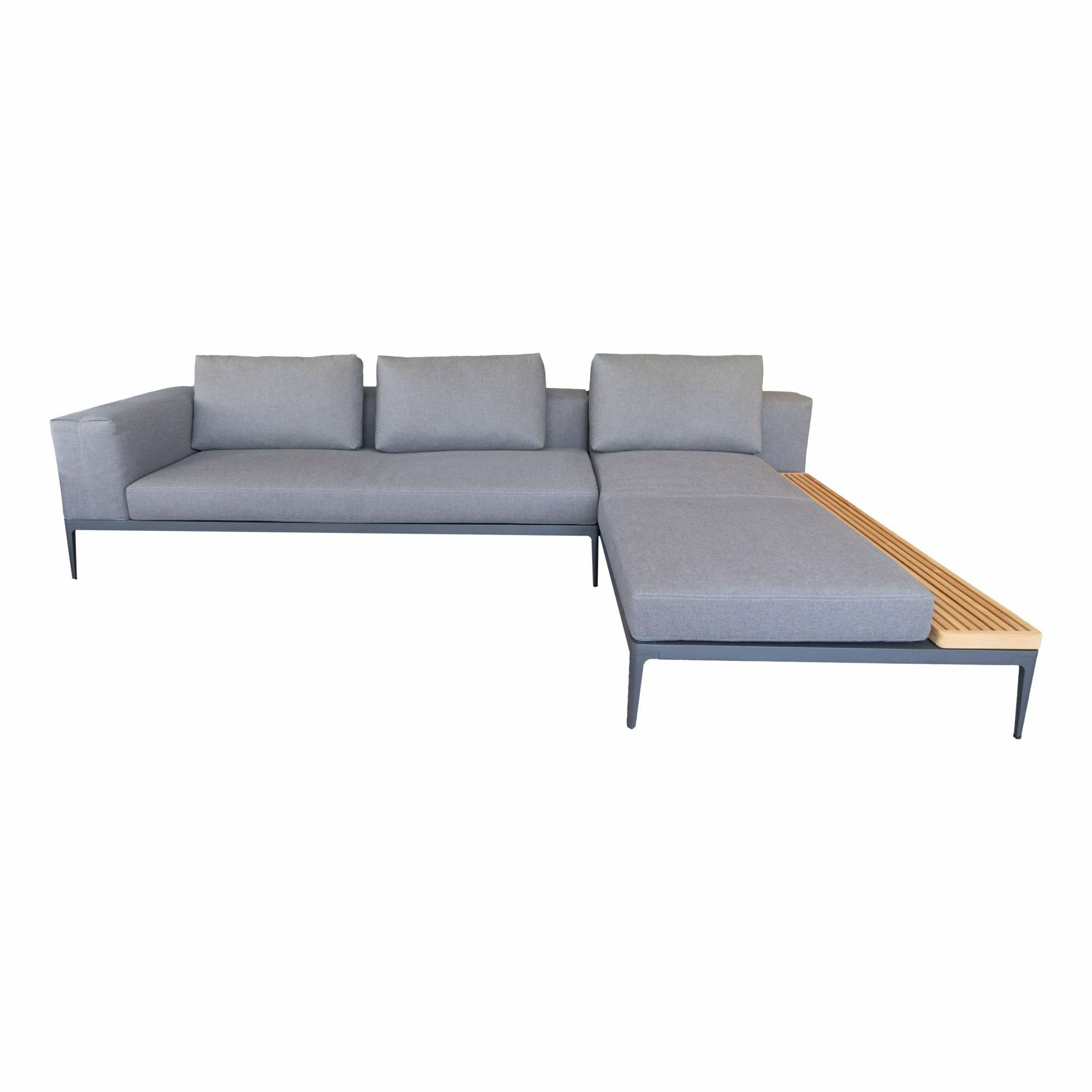 Gloster - Ecksofa Grid Lounge Stoff Blend Coal 0144 Grau Gestell Aluminium Meteor Schwarz Pulverbeschichtet Mit Anstelltisch Teak Und Kissen - 1