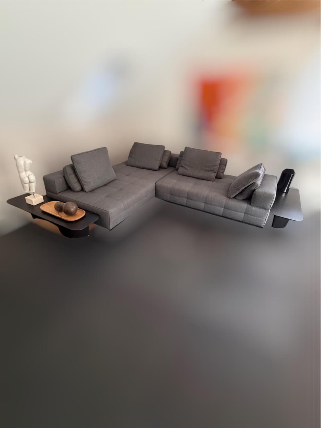 Minotti - Ecksofa Lawrence Clan Stoff Shibuya 15 Fumo Grau Gestell Massivholz mit 2 Eckkonsolen - 2