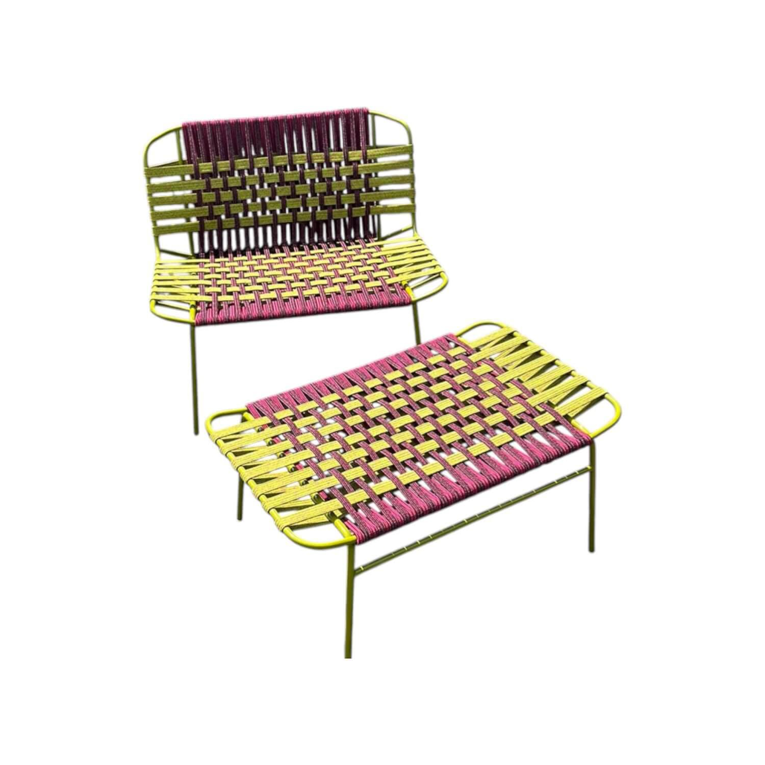 Paola Lenti - Outdoor Sessel Telar Geflecht 1A Weave Bordeaux Rot Und Verde Grün Gestell Stahl Verde Grün Mit Hocker - 1