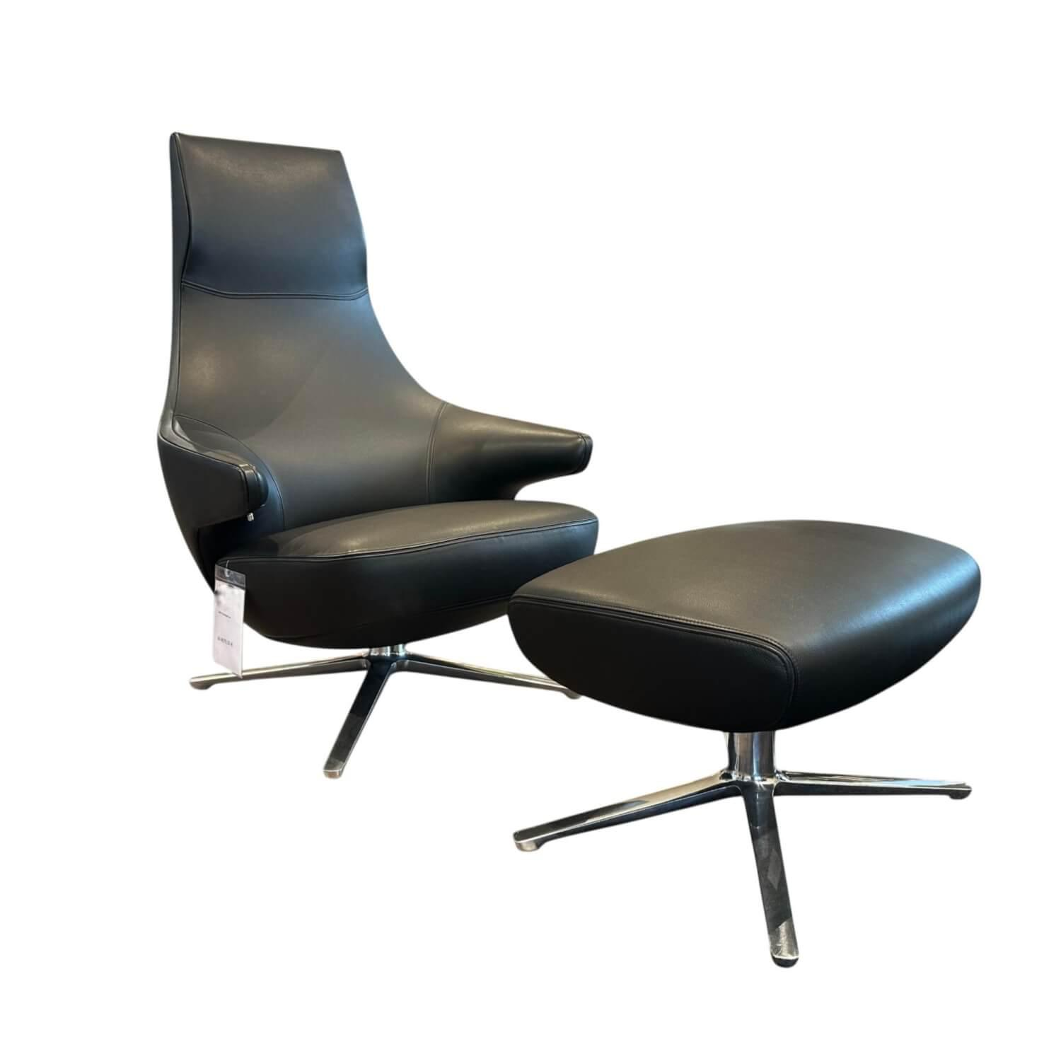 Poltrona Frau - Sessel Jay Lounge Leder SC 30 Africa Nero Schwarz Gestell Aluminium Poliert Mit Verstellung - 1