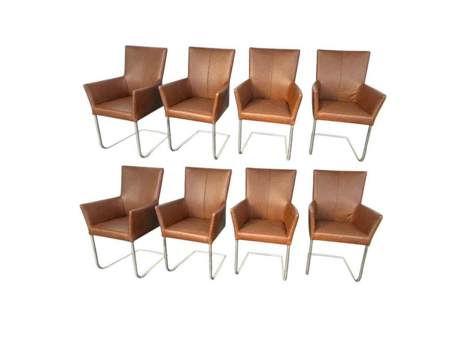 Lavida - 8er Set Stuhl Sedi 20 Freischwinger Echtleder Dakar Turf Hell Braun Gestell Edelstahl Matt Mit Kunststoffgleitern - 1