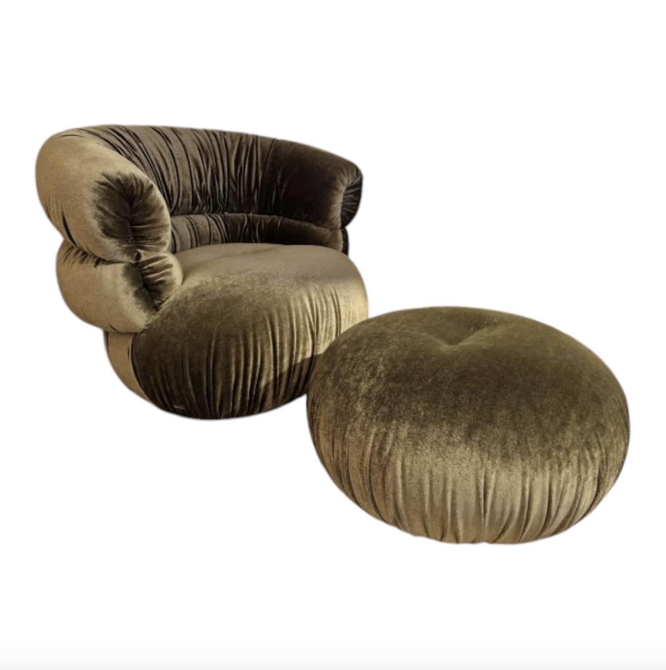 Bretz - Sessel Balaao Stoff  Velour Salvia 66 8439 Grün mit Hocker - 1