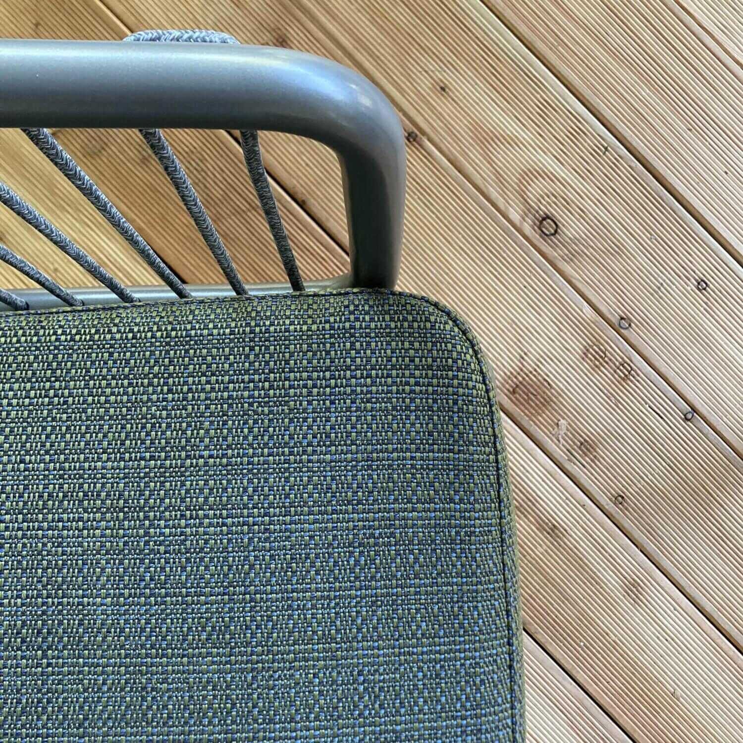 Outdoor Tischgruppe Teak Anthrazit mit 6 Stühlen Sitzkissen Stoff Blaugrün
