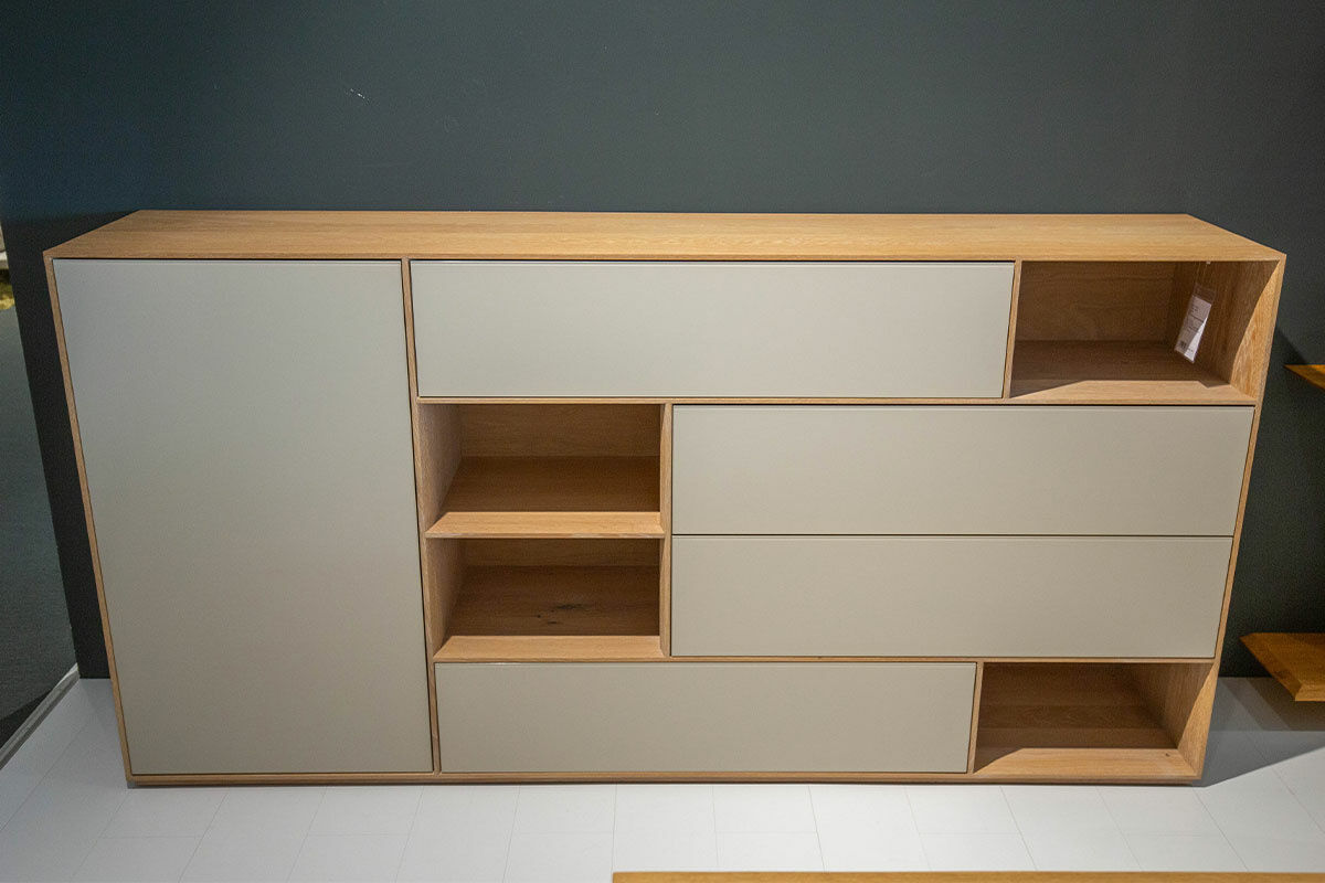 Rodam - Sideboard Sigma Eiche Weiß Geölt Satinierstes Glas Hellbeige - 4