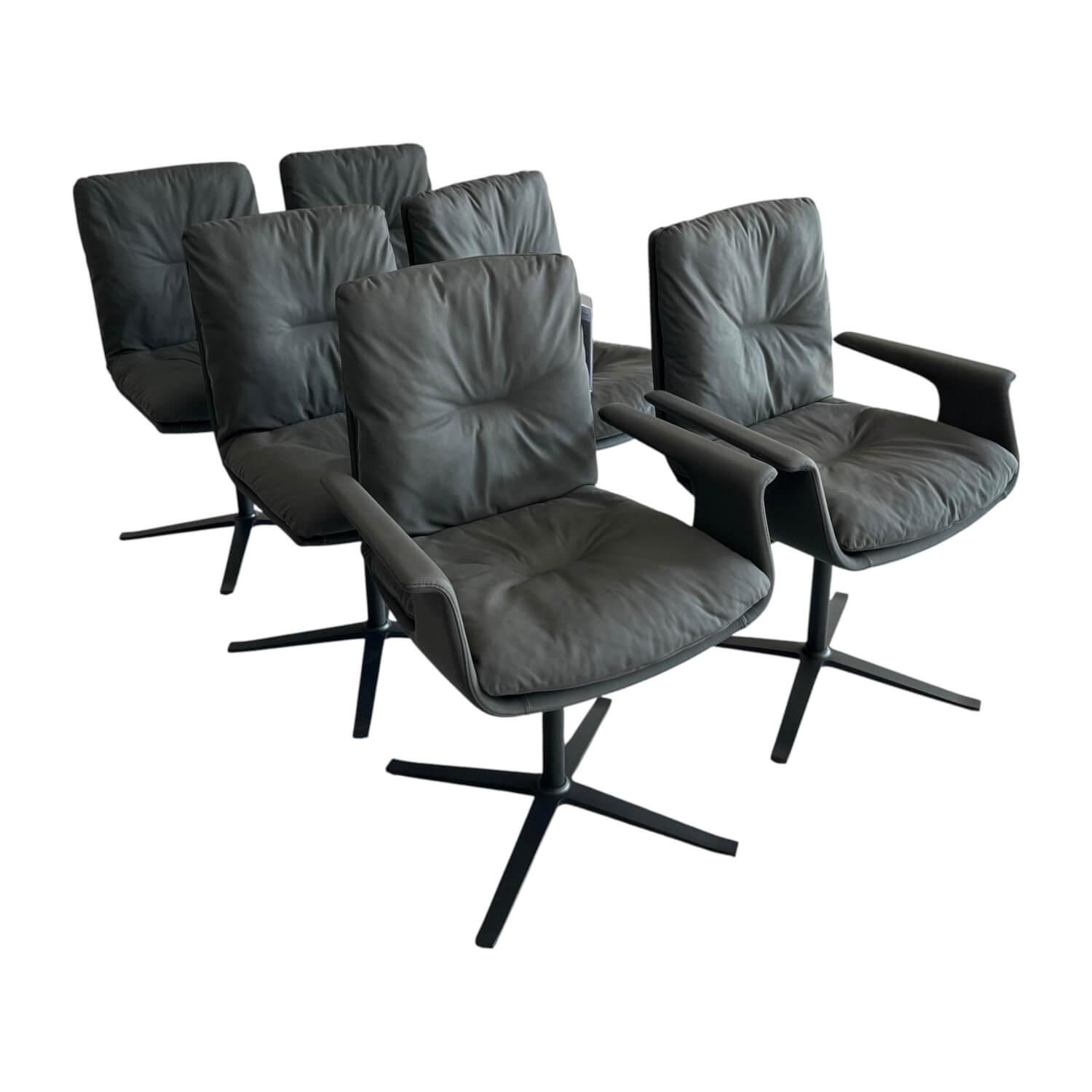 Hülsta - 6er-Set Stuhl D 27 Leder Nubuk Touch 5617 Schwarz Drehgestell Metall Schwarz Pulverbeschichtet - 1