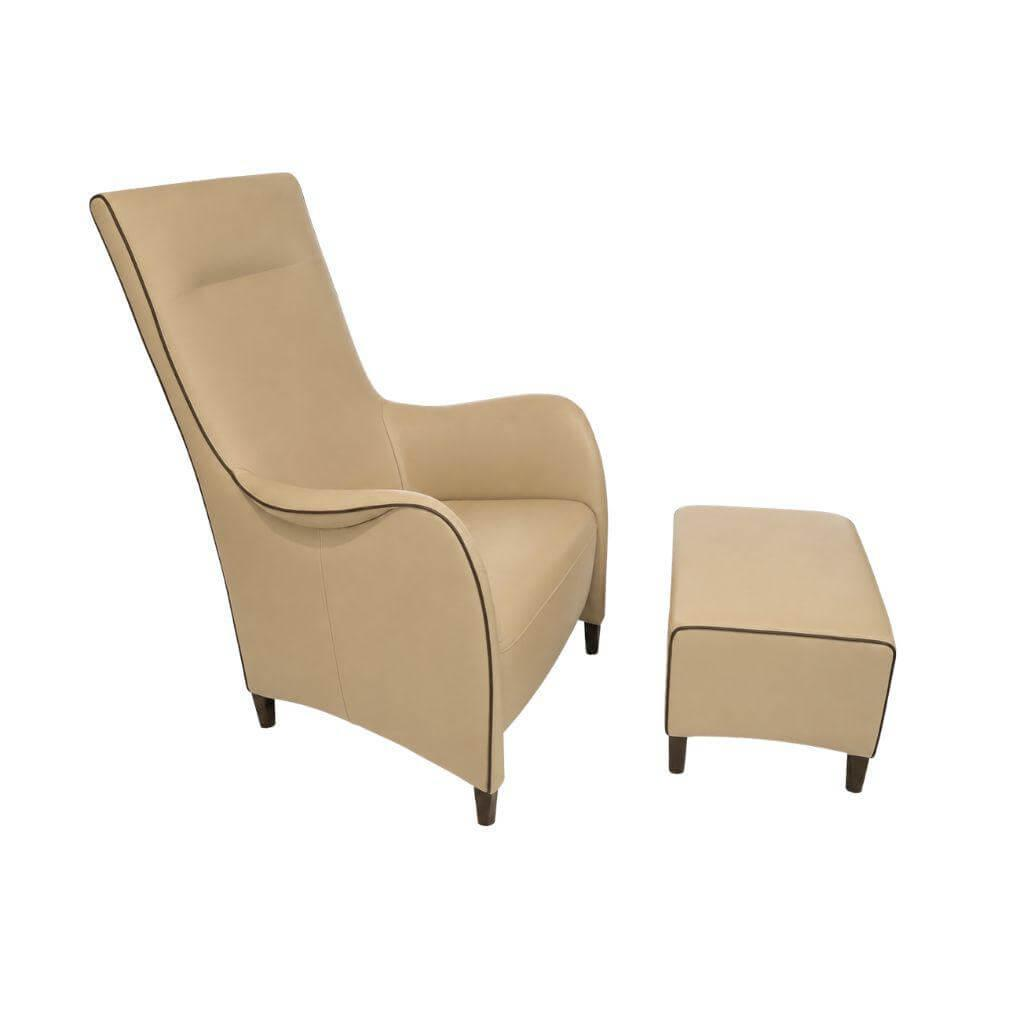 Bielefelder Werkstätten - Sessel Mondial Due Leder Normandie Leinen Beige Keder Torf Füße Holz Gebeizt Inkl. Hocker - 1