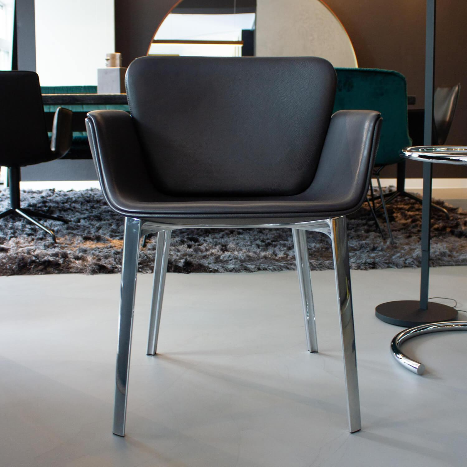 Knoll International - 4er-Set Sessel KN06 Bezug Leder Pelle Belllagio BEL02 Dark Brown Dunkelbraun Schwarz Gestell Aluminium Glänzend - 8