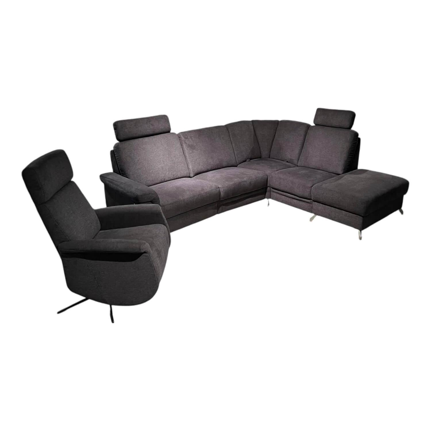 Gruber - Ecksofa Calma 4 Und Sessel Casada Premium 1810 Stoff Costa Anthrazit  Füße Metall Silber Und Metall Schwarz - 1