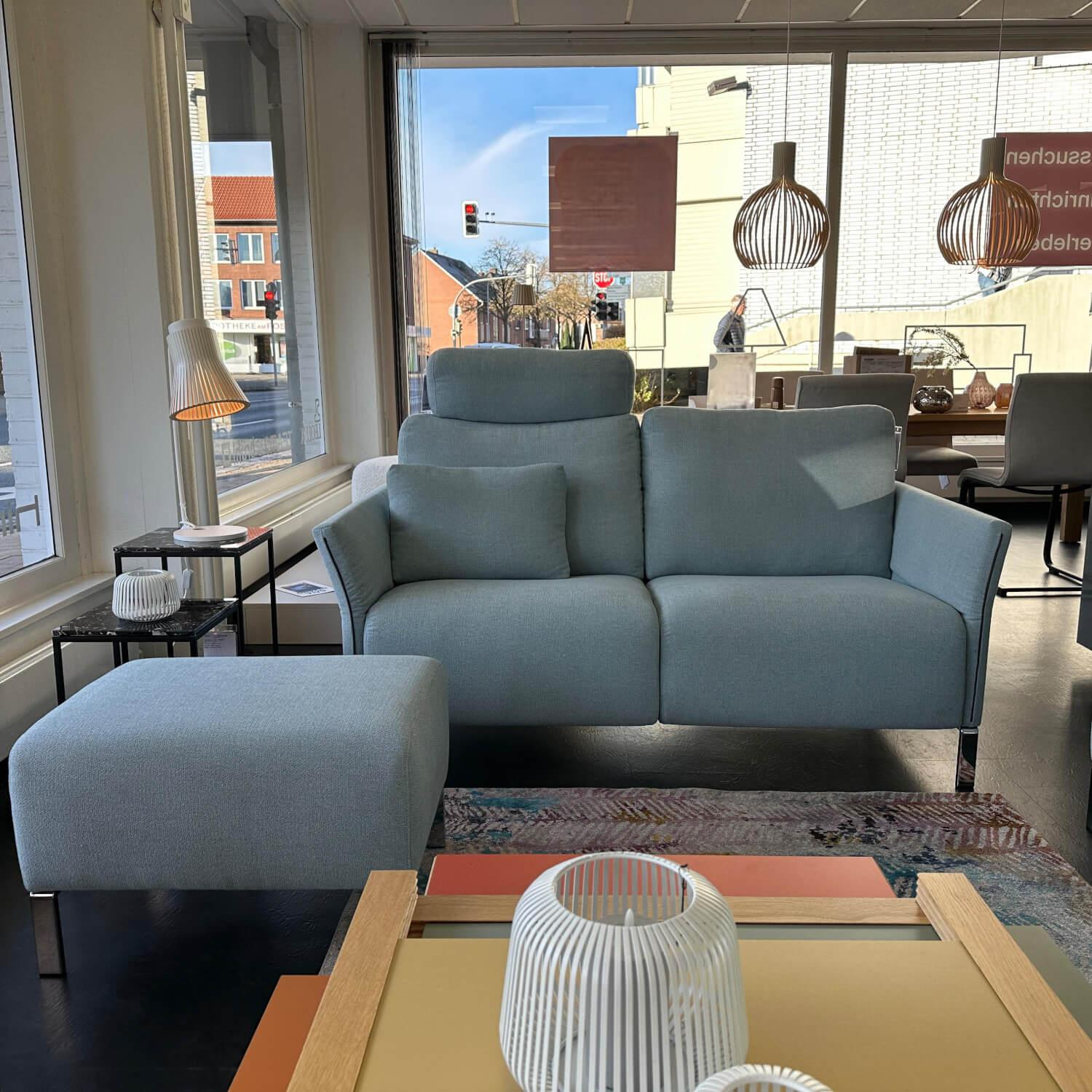 Erpo - 2er-Set Sofa Modena Stoff Prairie 2022 45 Blau Füße Metall Hochglanz Verchromt Mit Verstellung Inklusive Hocker - 4