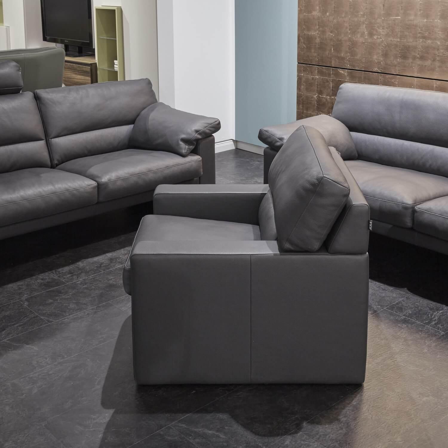 Erpo - Garnitur Einzelsofa GA210 Mit Sessel GA200 Bezug Leder 43.059 Grau Inklusive Kopfstütze - 11
