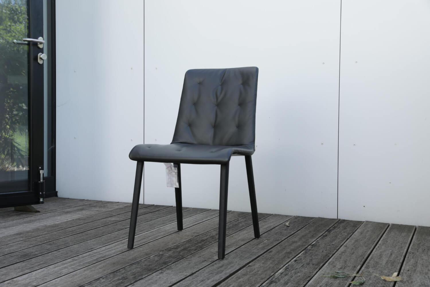Walter Knoll - 2er Set Stuhl Liz Wood 1322.14 wo Leder Congress 1399 Dark Bronze Dunkelgrau Schwarz Füße Massivholz Eiche Geflammt Geölt Mit Teflongleiter - 3
