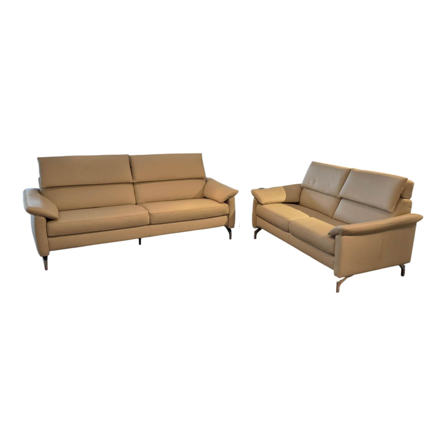Polsteria - Garnitur Trevi Leder Punch Seidengrau mit Kopfteilverstellung 2 Sofas - 1