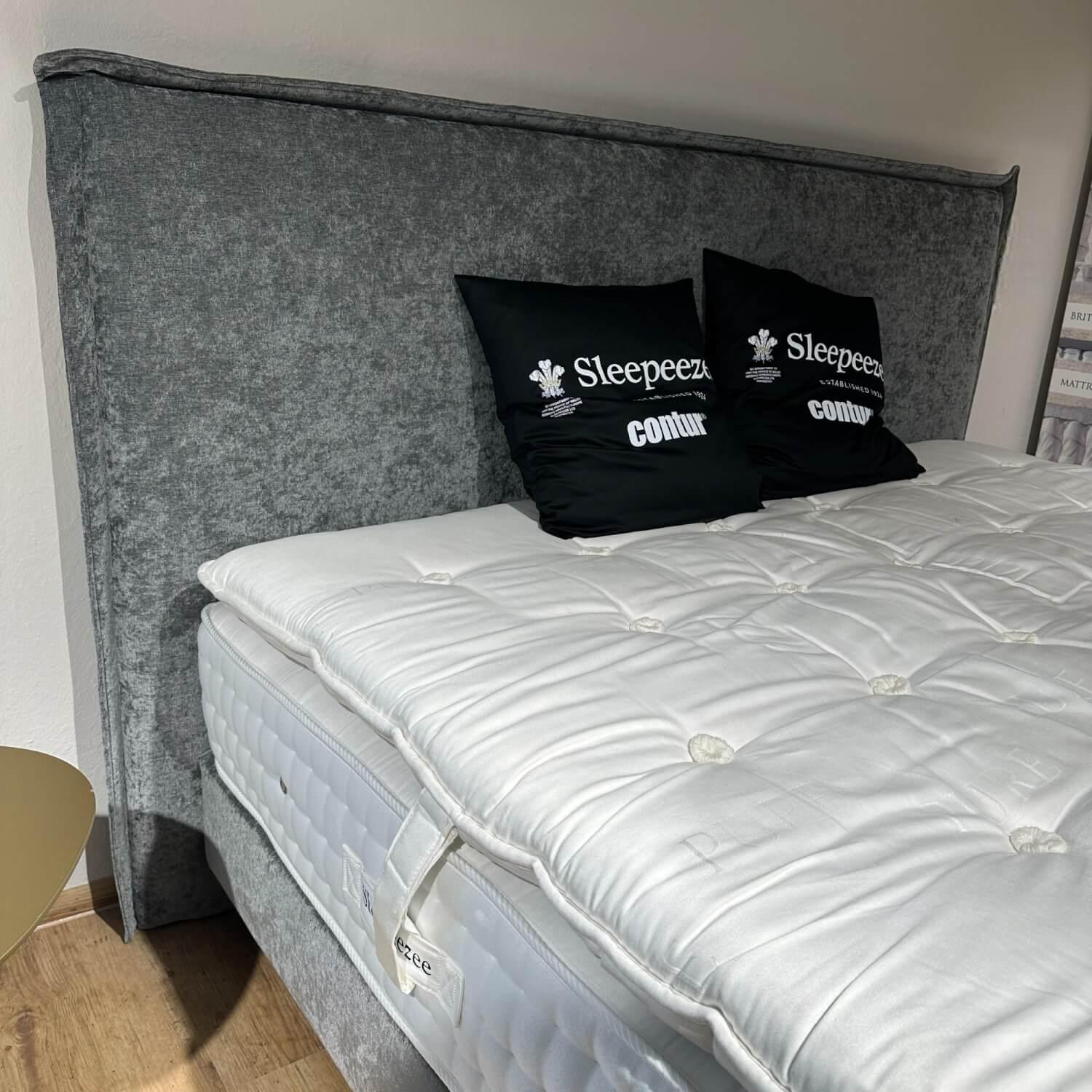 Contur - Boxspringbett 2700 Stoff Oxford 805 Premium Grau Kopfteil 2700 Füße Schwarz Mit 2 Matratzen Britishwool 1200 Medium Mit Topper - 2