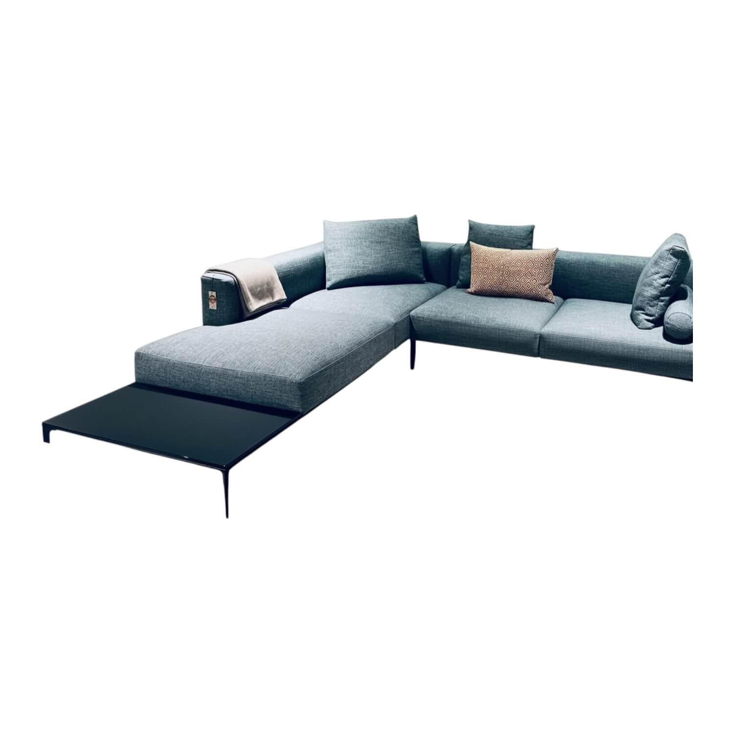 Walter Knoll - Ecksofa Jaan Living Stoff Gaia 7886 Tourmaline Grau Füße Matt Schwarz Pulverbeschichtet Mit Ablageboard Glas Schwarz Mit Kissen - 1